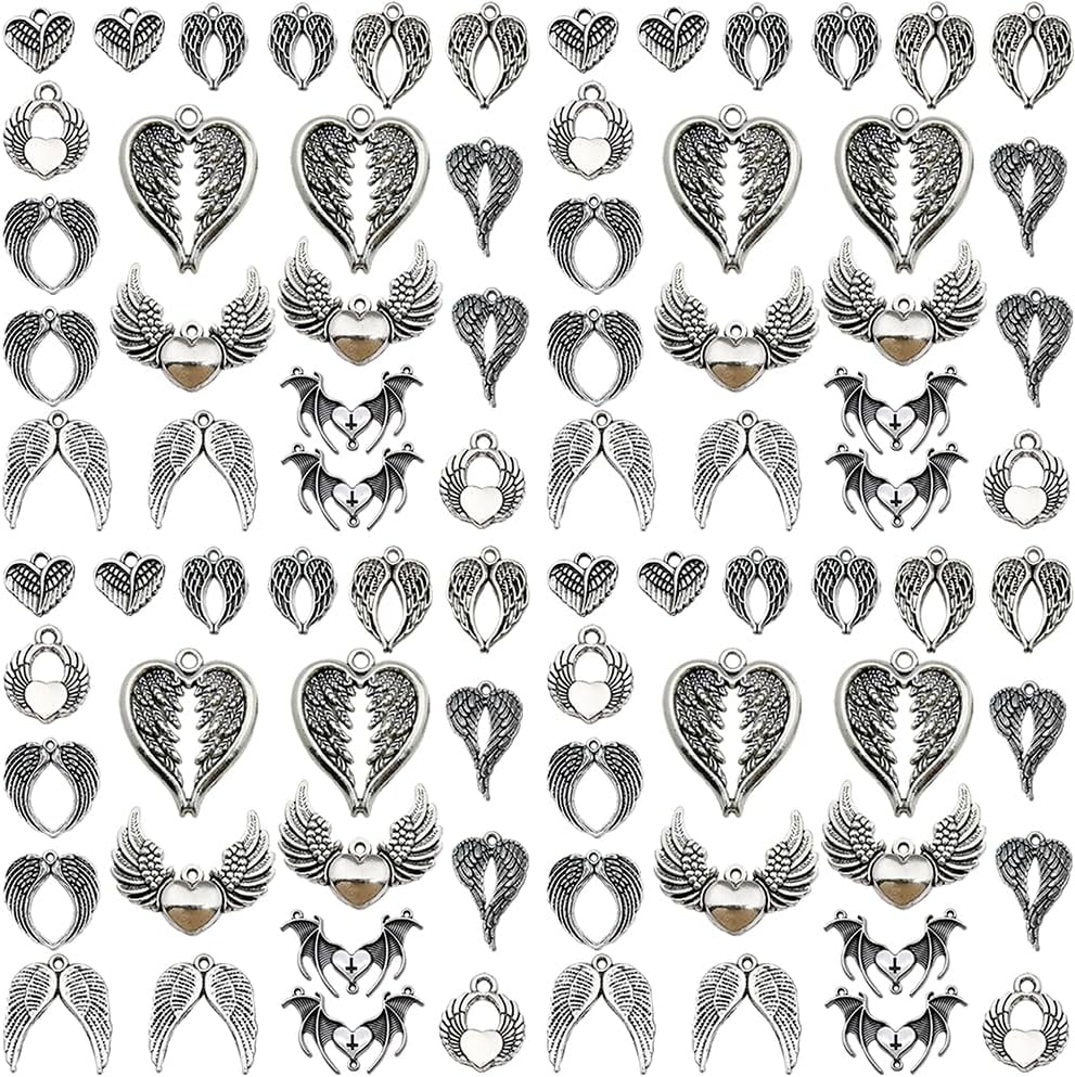 Sailanzi 60pcs Ancient Silver Punk Love Wings Series Set Pendant Jewelry Making DIY Keychain Earrings Pendant Various Design Charms for Jewelry Making Bracelets Necklace (SN1062)
