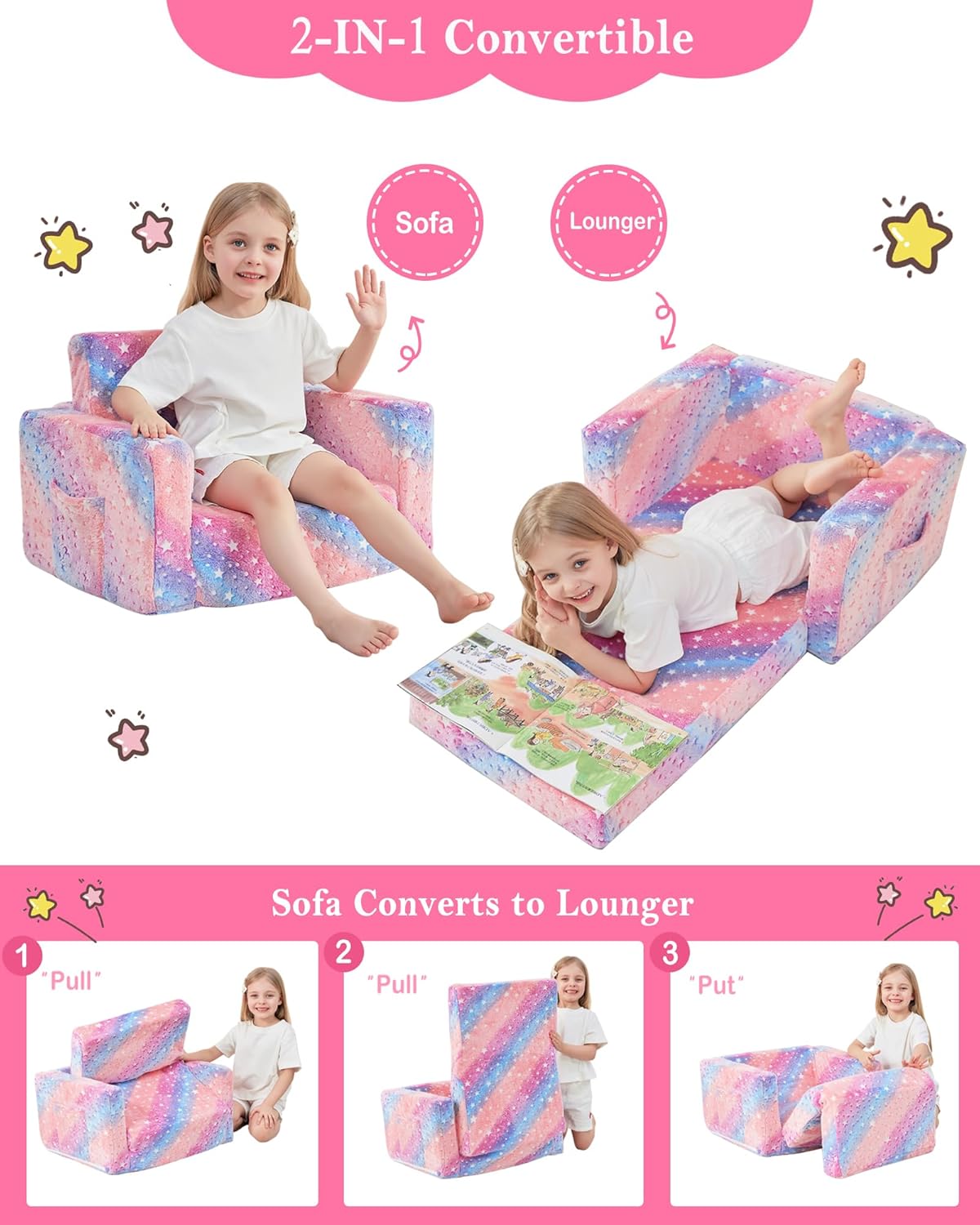Toddler Couch, 2-in-1 Soft Kids Couch Bed Fold Out, Toddler Chairs Comfy for Boys & Girls, Convertible Kids Sofa to Lounge for Playroom, Gift for Birthday, Children's Day- Glow Star - Image 5