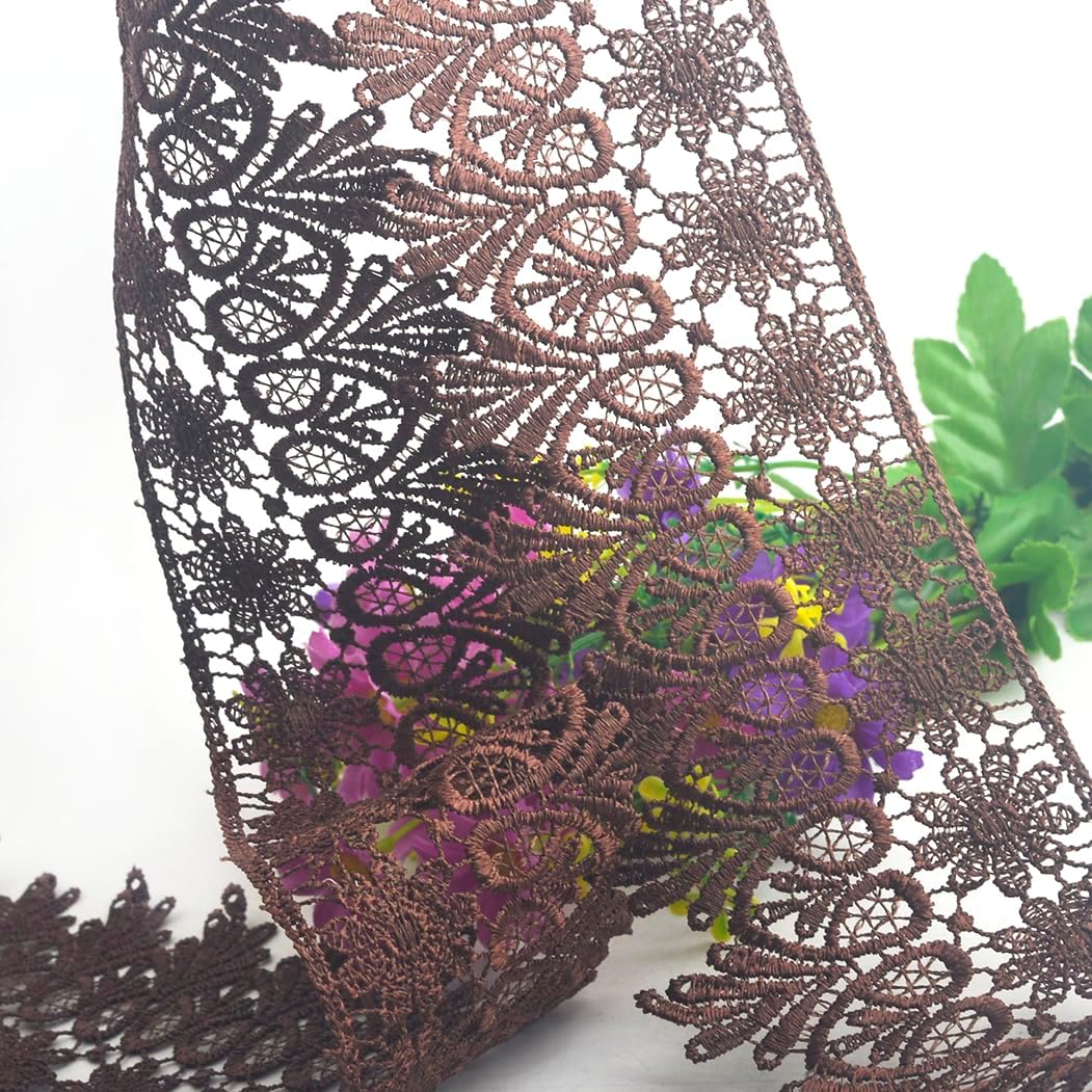 7.5 Yards Floral Lace Edge Trim 9CM Width Europe Chips Pattern Inelastic Embroidery Lace Trim for Sewing Making, DIY Crafts, Gift Wrapping, Wedding Decor (Dark Coffee)