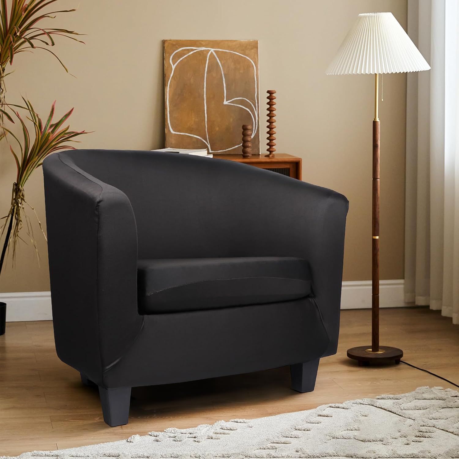 Club Chair Slipcover, Stretch Black Tub Barrel Chair Covers Slipcovers 2 Piece with Cushion Cover, Round Soft Armchair Sofa Cover Couch Chair Protector for Bar Living Room Bedroom Hotel