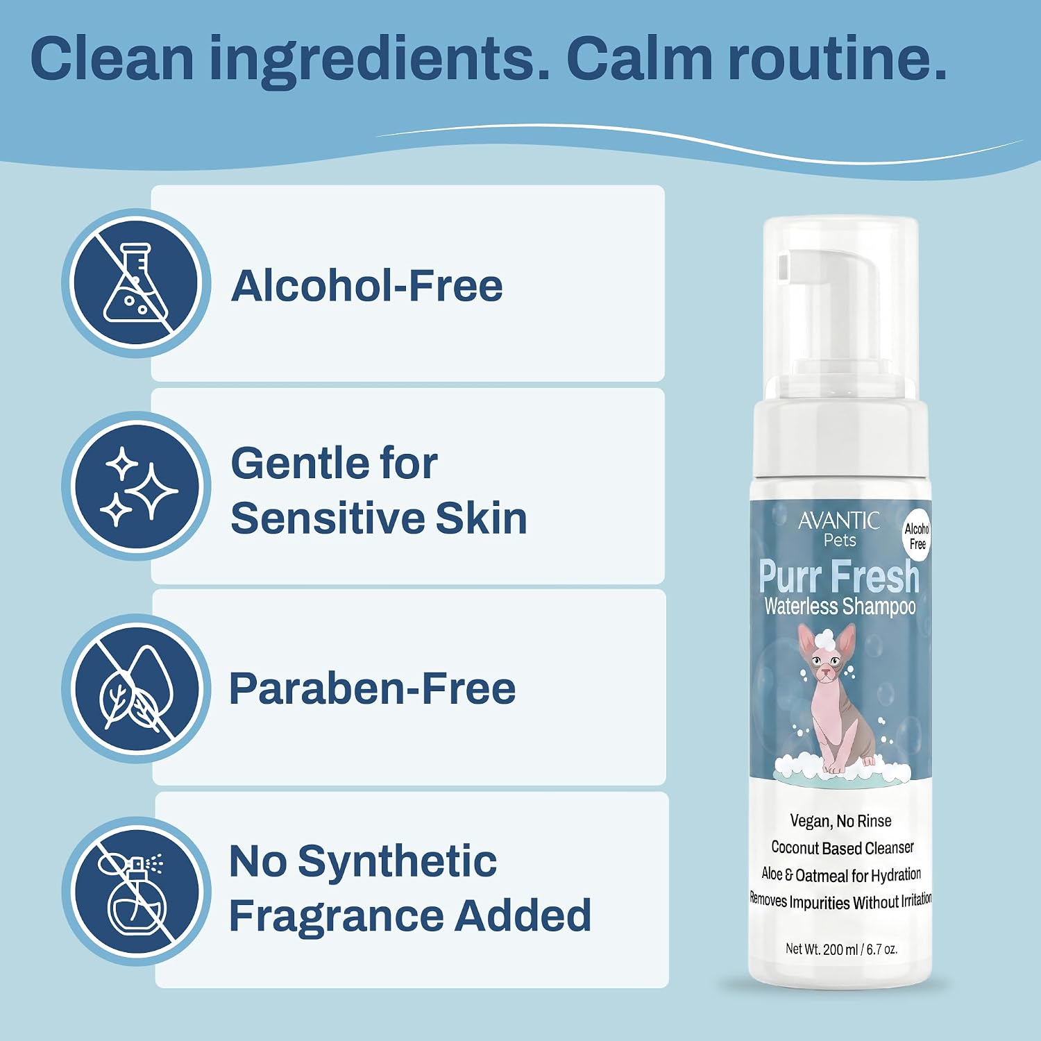 Avantic Pets Sphynx Cat Dry Shampoo, Waterless No-Rinse Skin Cleanser for Hairless Cats, Alcohol & Paraben Free, Hydrates & Soothes, 200ml