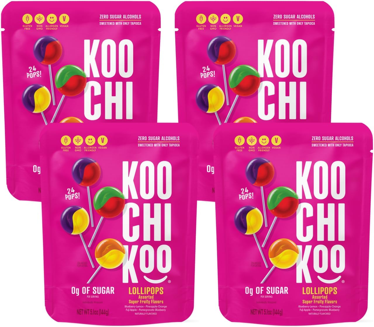 Sugar Free Lollipops Pouch, Assorted Fruit Flavors, No Sugar Added, Gluten Free, Certified Vegan (5.5 oz, Pack of 4)