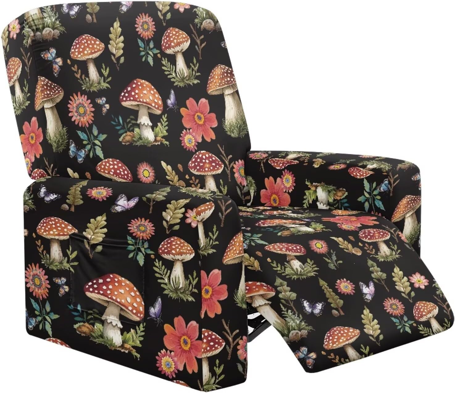 Mushroom Butterfly Flower Print Recliner Slipcover Reclining Chair Cover with Pocket Removable Fitted Couch Covers for Lazyboy Lounge Armchair Protector