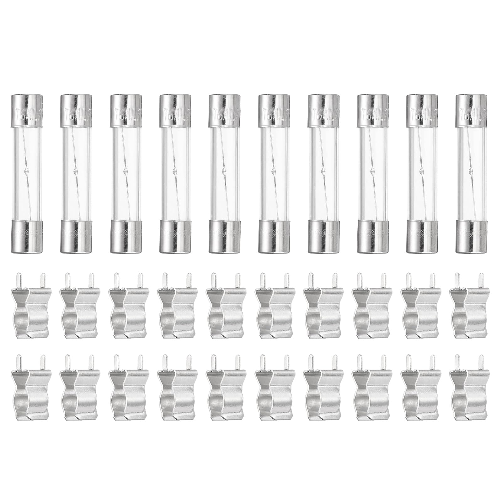 sourcing map Glass Tube Fuses, 6x30mm 6A 250V Slow Fast Blow Glass Cartridge Tube Fuse with 20pcs Safety Clip for Replacing or Repairing Many Home Electronics(Pack of 10)