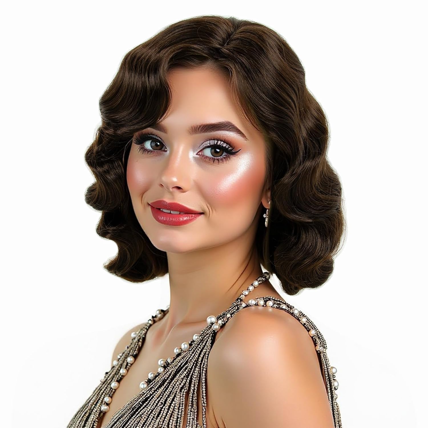 Brown 20s Wig for Women Finger Wave Party Synthetic Full Vintage Wigs for Womens Lady Cosplay Costume Fancy Dress 1920s Flapper Wig