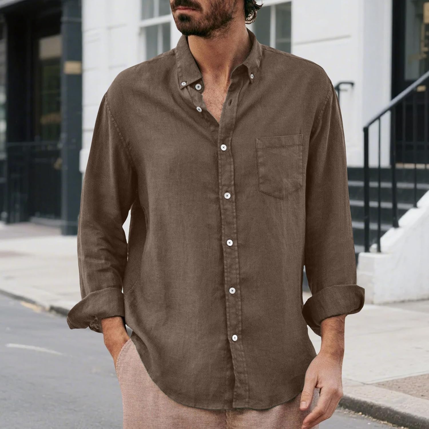 Mens Button Down Shirt Casual Long Sleeve Spread Collar Cotton Linen Shirts Summer Lightweight Beach Tops - Image 2