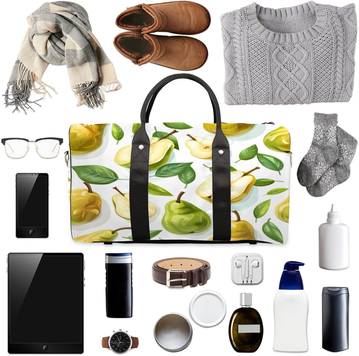 Watercolor Pears Travel Duffel Bag for Women Men Large Capacity Overnight Weekender Bags for Lightweight Waterproof Sport Gym Bag for Workout Yoga Swim