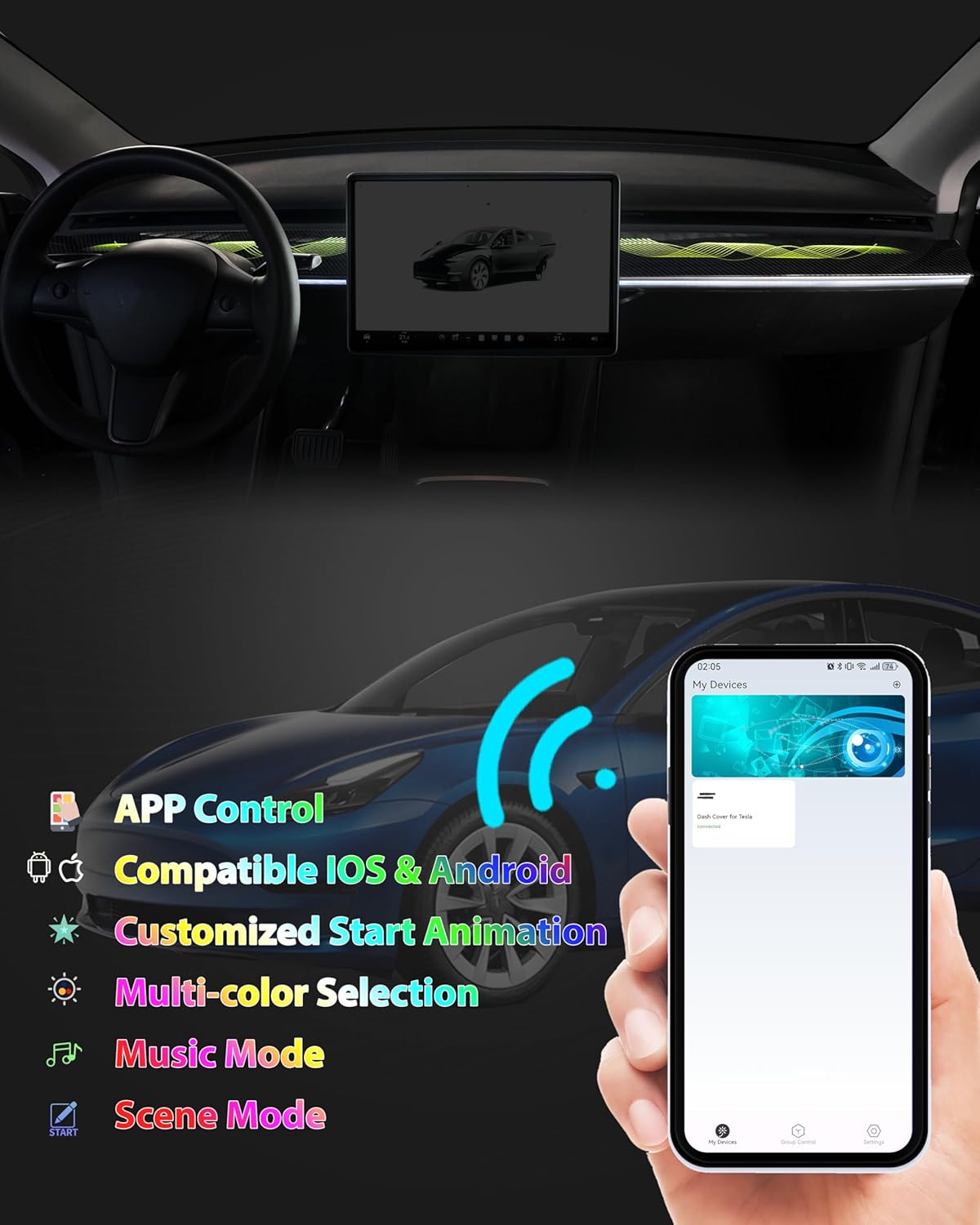 KEWISAUTO RGB Ambient Light for Tesla Model 3 & Model Y, LED Center Console Dashboard Neon Light with Storage Box for 2019-2022 Tesla Model 3/2021-2024 Model Y Accessories (Ribbon Flowing Style)