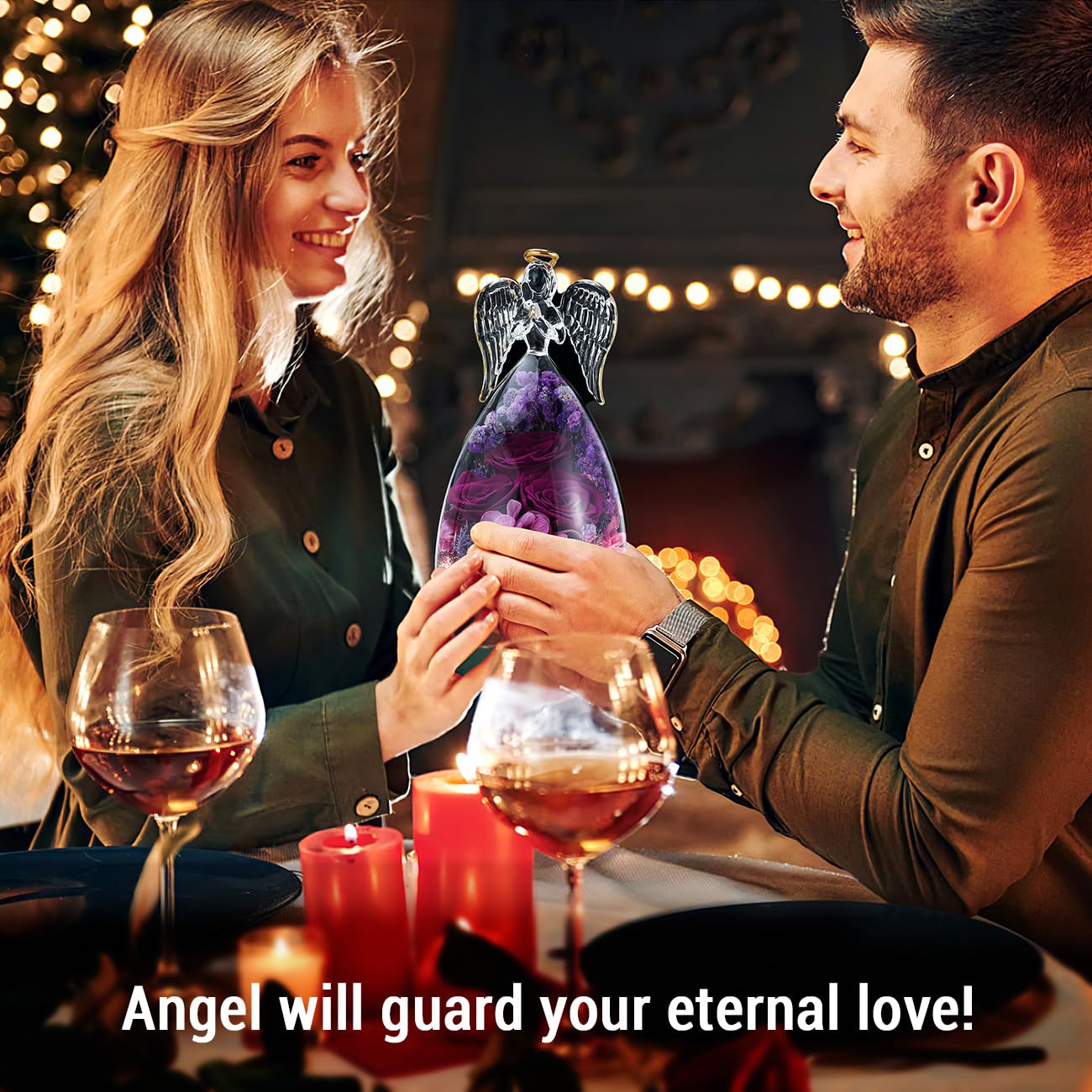 Emibele Preserved Rose Glass Angel Figurines Gifts for Mom Grandma, Purple
