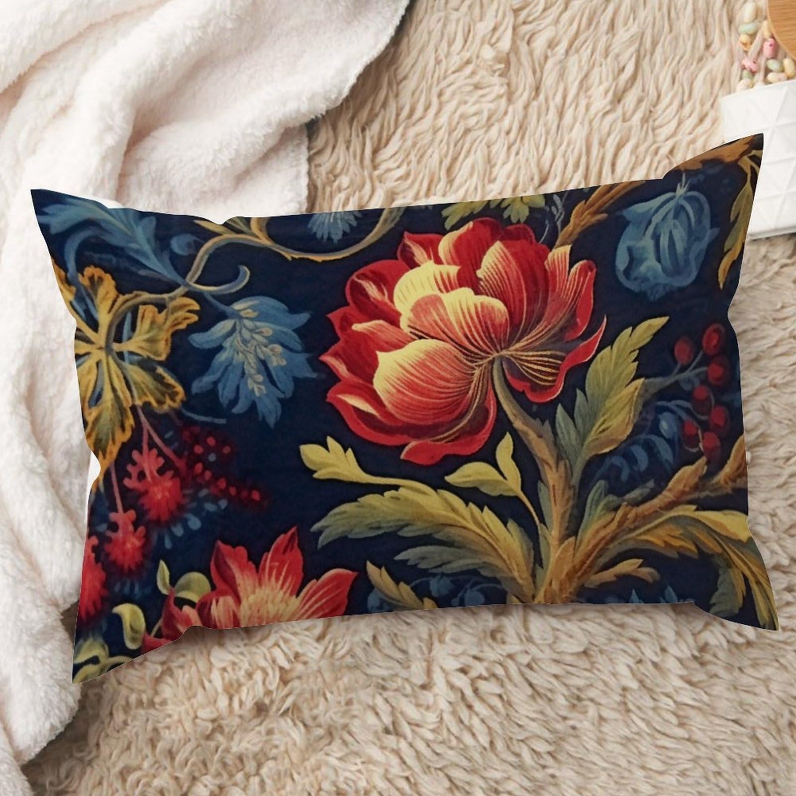 ArogGeld Chinoiserie Style Lumbar Cushion Covers Navy Blue and Red Floral Throw Pillows Botanical Burgundy Gold Olive Flower Throw Pillow Case for