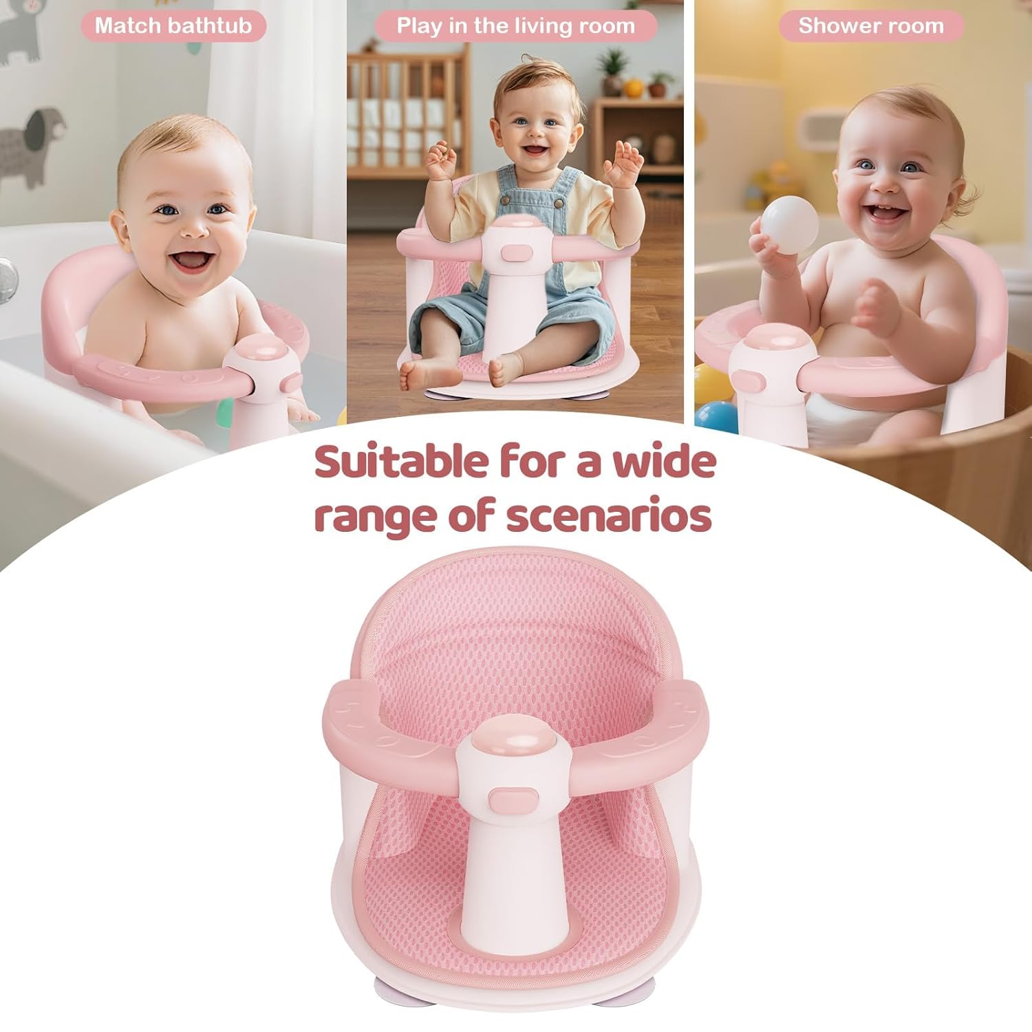 Baby Bath Seat for Babies 6 Months & Up - Baby Bath Seats for Babies Sitting Up | Non-Slip Baby Bath Chair with Cushion & Suction Cup | Toddler Bath Seat Newborn Infants Baby Bathtub Seat (Pink)