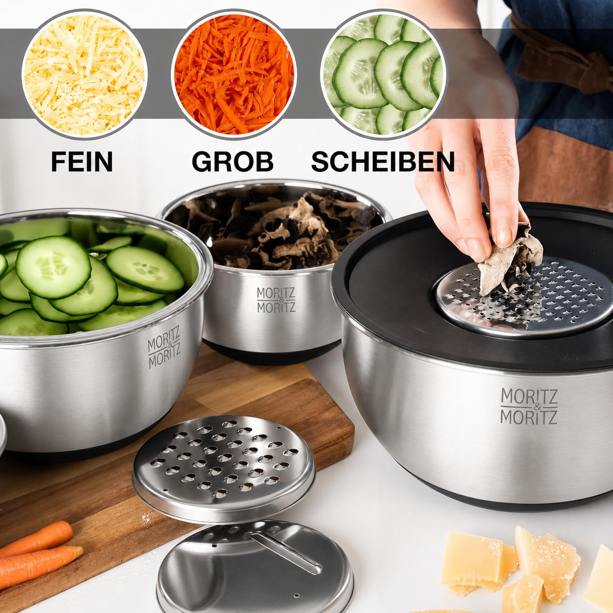 Moritz & Moritz 5er Rührschüssel mit Deckel - 0,6 bis 4,5L - Edelstahl mit BPA-freien Anti-Rutsch-Böden - Stapelbare Salatschüssel mit Deckel und 3 Reibeinsätze - Spülmaschinengeeignet