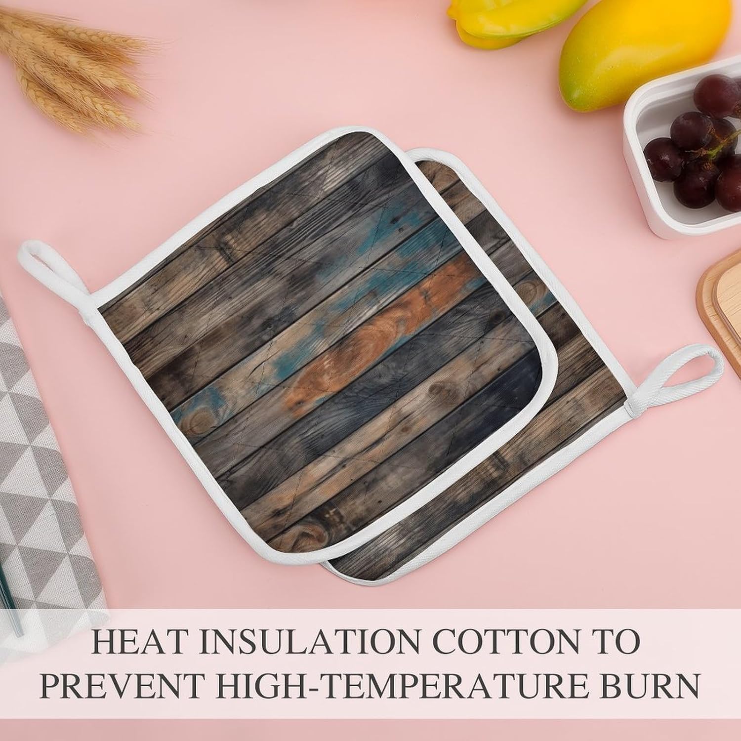 Square Potholders 2-Piece Set,Brown Texture Printed Kitchen Insulation Mats Heat-Resistant Non-Slip Insulation Mats with Hanging Rings for Kitchen Cooking Baking BBQ
