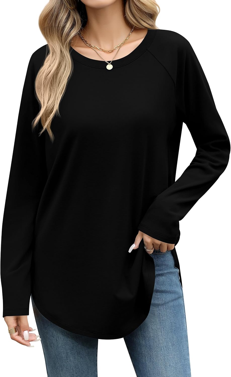 Laughido Women's Casual Raglan Long Sleeve Tunic Round Neck Curved Hem Loose Fit 2025 Basic Long Sweatshirt