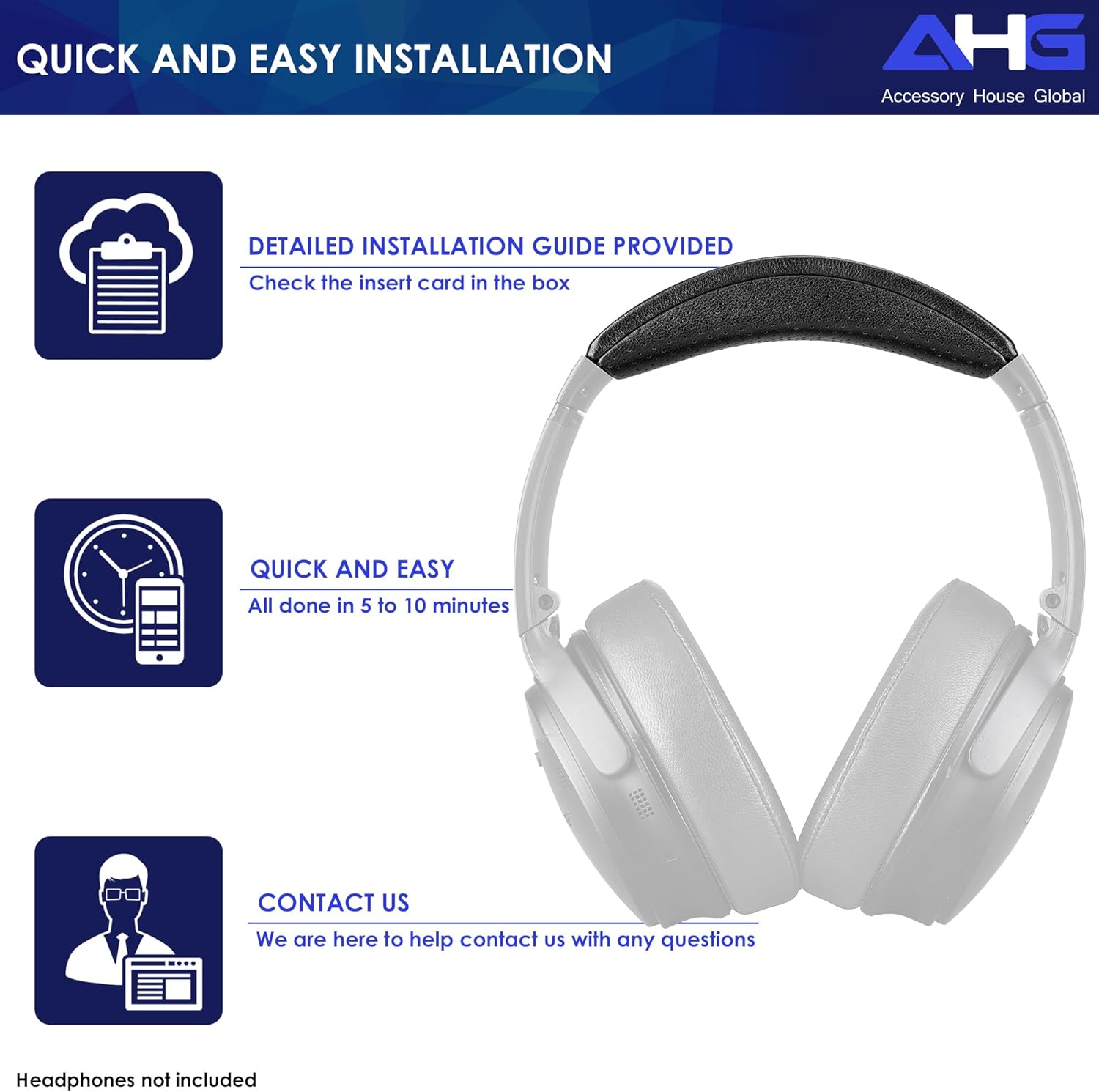 AHG Accessory House Global QC35 ii / QC35 Sheepskin Leather Headband pad Cushion Cover. Compatible with Bose QuietComfort 35 / QC35 II Headphones (Black). Easy DIY Fit | FlexiSoft High-Density Foam