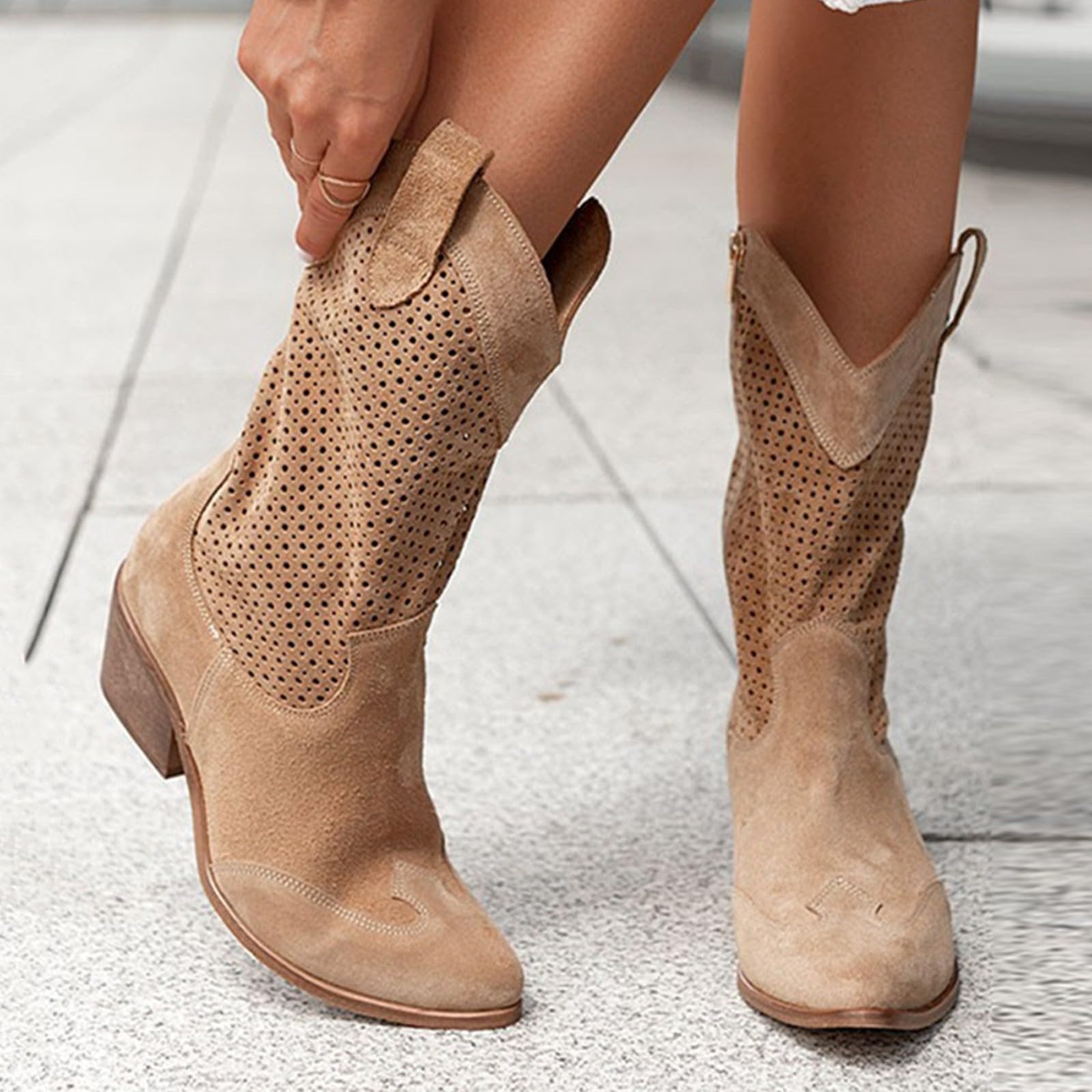 Bottes Femme,Santiag Femme, Demi Bottes En Daim Bottes,Occidentales Hautes Bottes,Pointues À Talons Bas Bottes, Mi Longues En Daim Perforé Chaussures Pour,Femmes Bottes Longues, Cowboy Stiefeletten