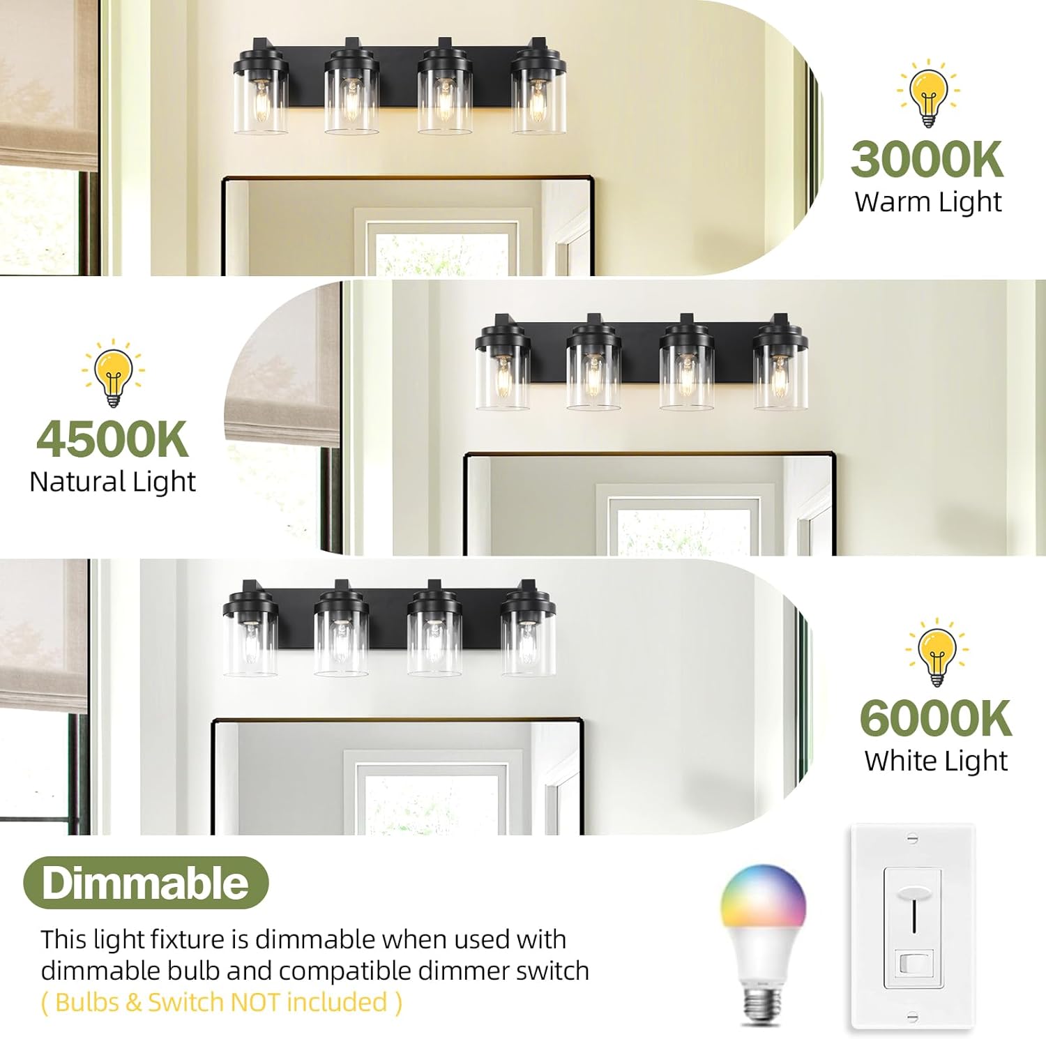 Bathroom Vanity Light, 4 Light Black Vanity Lights with Clear Glass Shade, Farmhouse Bathroom Vanity Lighting Fixtures Over Mirror for Living Room,E26