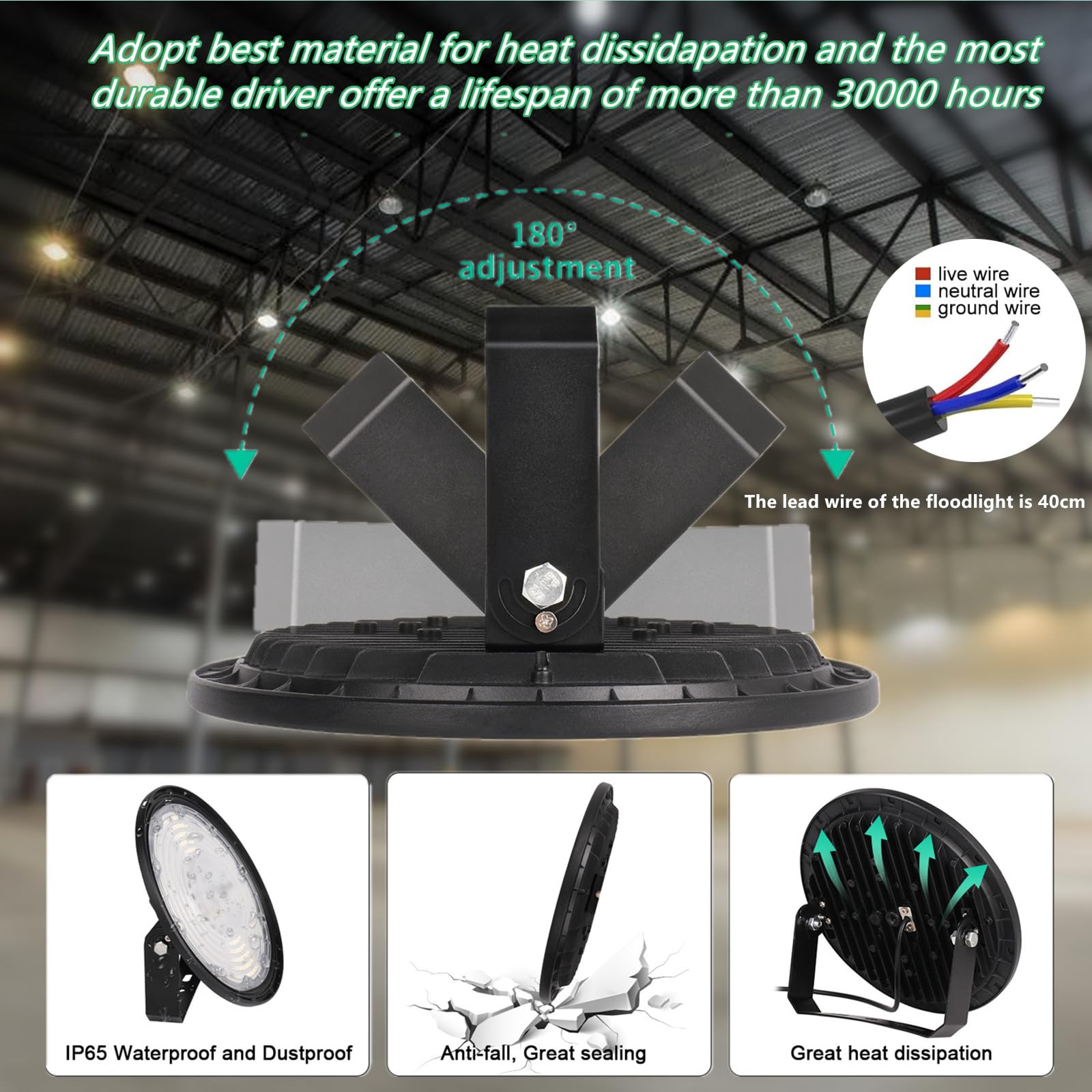 Oświetlenie halowe LED UFO 300 W, reflektor LED High Bay Light 6500 K zimna biel ze stojakiem, lampa przemysłowa LED UFO, oświetlenie warsztatowe do magazynu/warsztatu/garażu