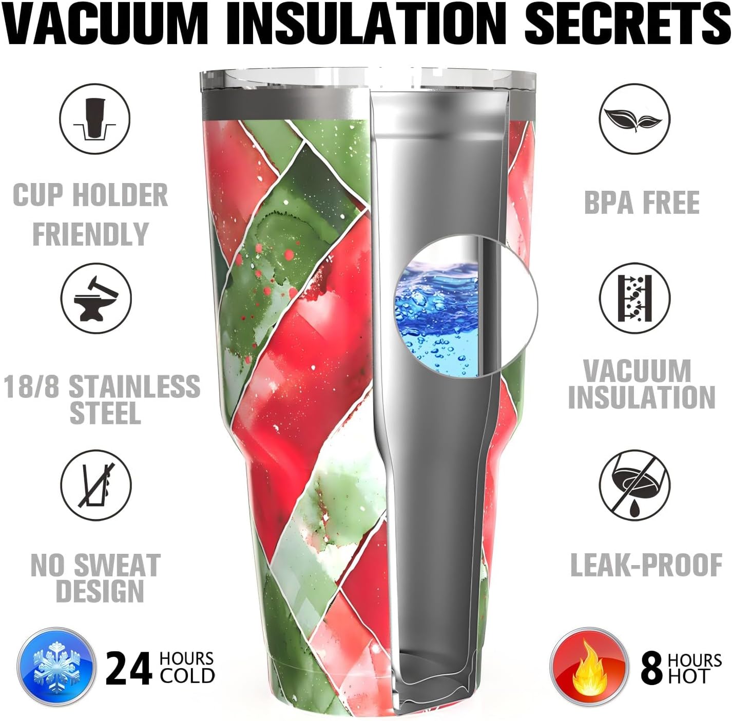 30 oz Tumbler with Lid and Straw | Double Wall Vacuum Insulated Stainless Steel Water Tumbler | Leak Proof Travel Cup Coffee Mug Perfect for Cold or Hot Drinks | Silk Ribbon Christmas Tumbler - Image 5