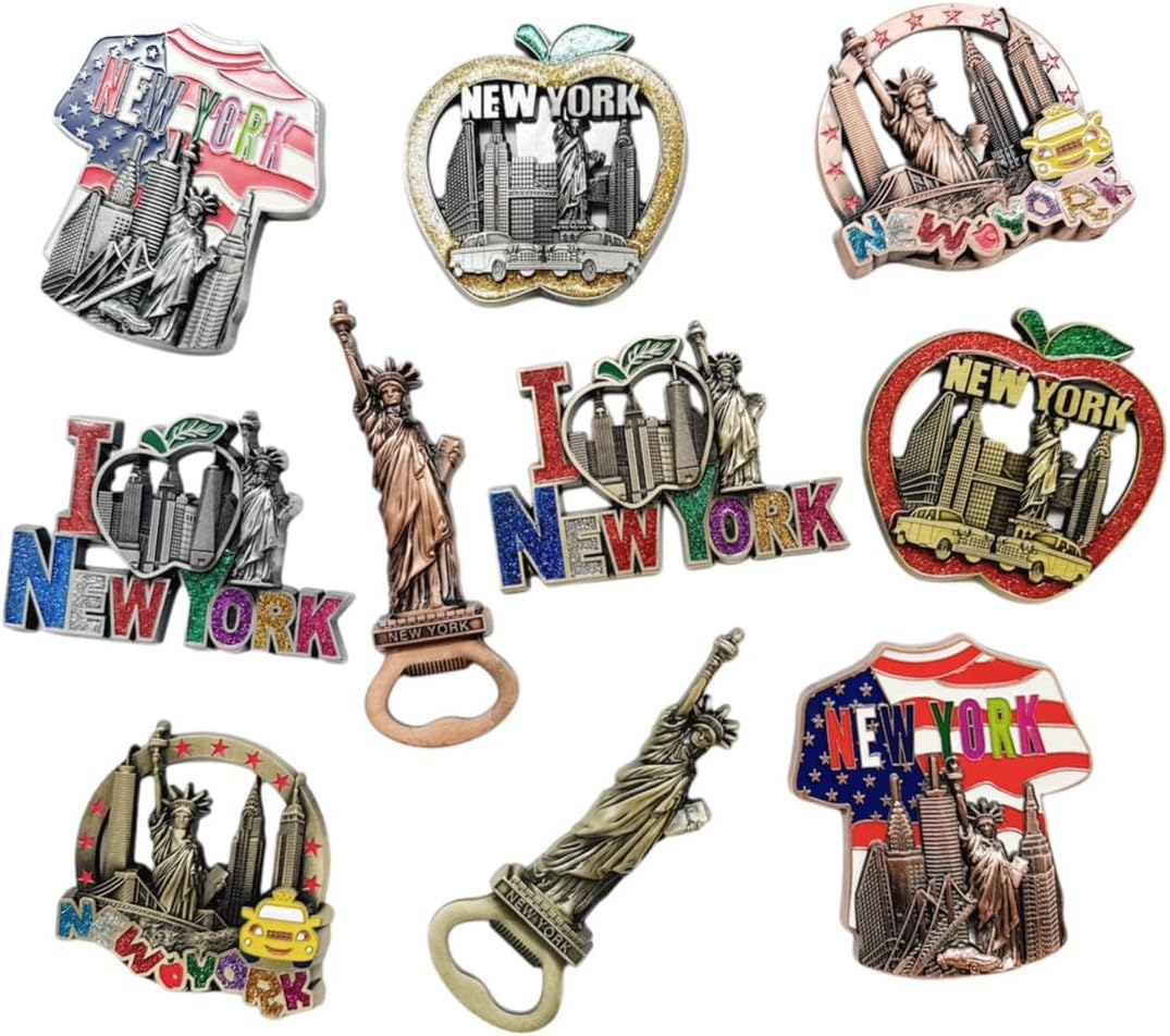 10 Pack Multicolor Bundle NYC Metal Refrigerator Fridge Magnets New York Souvenir Empire State Building, Skylines, Statue of Liberty, Big Apple, USA Flag, Fridge Magnet Bottle Opener (Color May Vary)