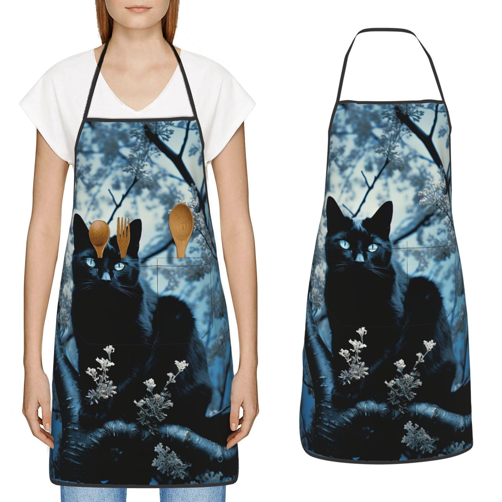 Fzmvsgp Unisex Black Cat On Tree Apron For Cooking Waterpoof Adjustable Aprons With 2 Pocket Bibs For Women Men Baking, One Size