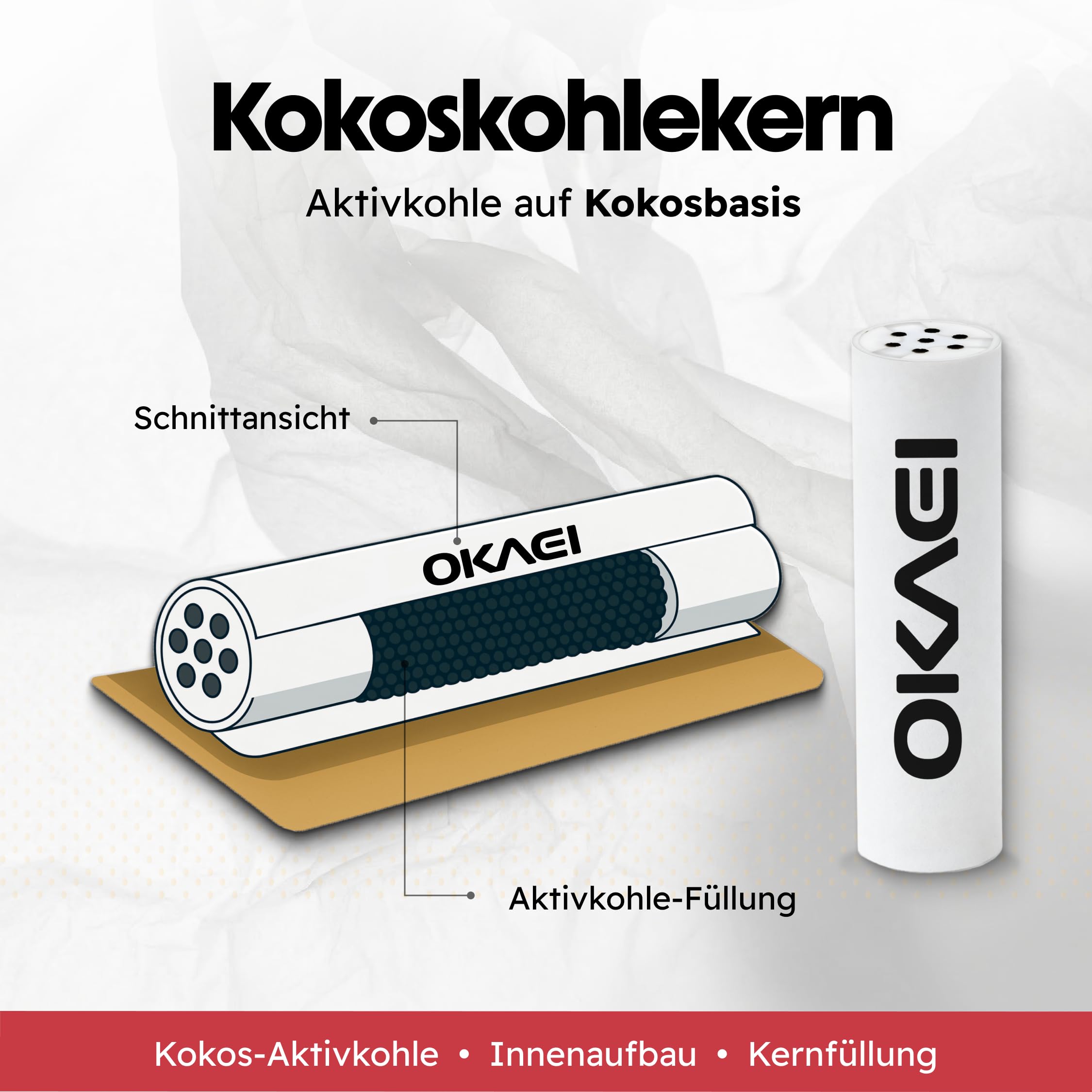 OKAEI Filtro ai carboni attivi da 6 mm – 50 pezzi – Filtro Slim con carbone attivo in guscio di cocco – con tappi in ceramica – Lunghezza 26 mm