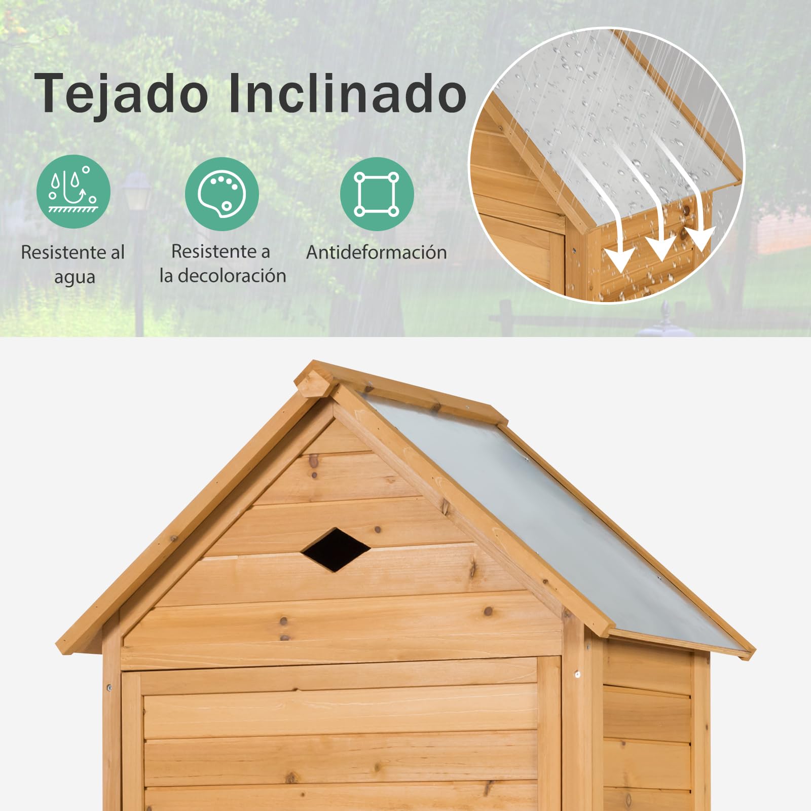 RELAX4LIFE Cobertizo de Jardín de Madera de Abeto, Armario Exterior con Tejado de Metal, Armario para Herramientas Resistente al Viento y Agua, Caseta para Jardín, Balcón y Terraza, 177x80x35cm