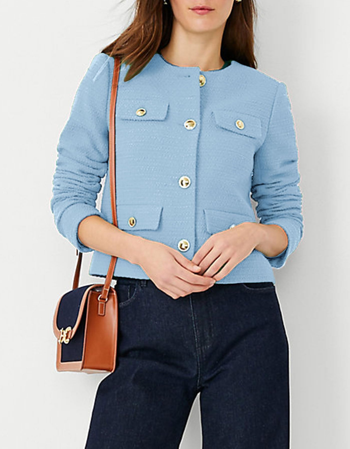 YEXPINE Blazer court en tweed pour femme, élégant, sans col, tenue décontractée