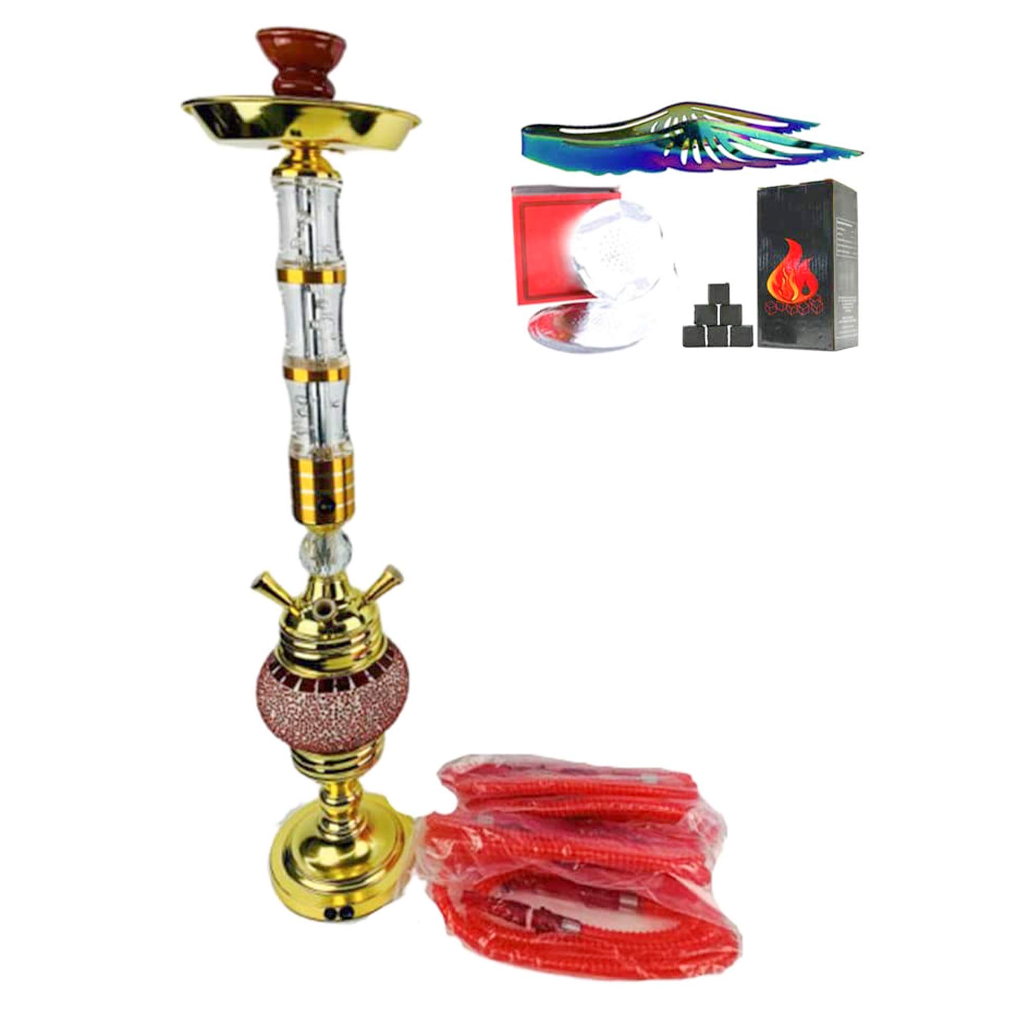 Juego Narguile Grande 28" con Luz LED Kit Narguile 4 Mangueras Cuenco Cerámica Carbón Pinzas para Carbón Papel Aluminio para Una Mejor Experiencia Fumar Shisha,Rojo