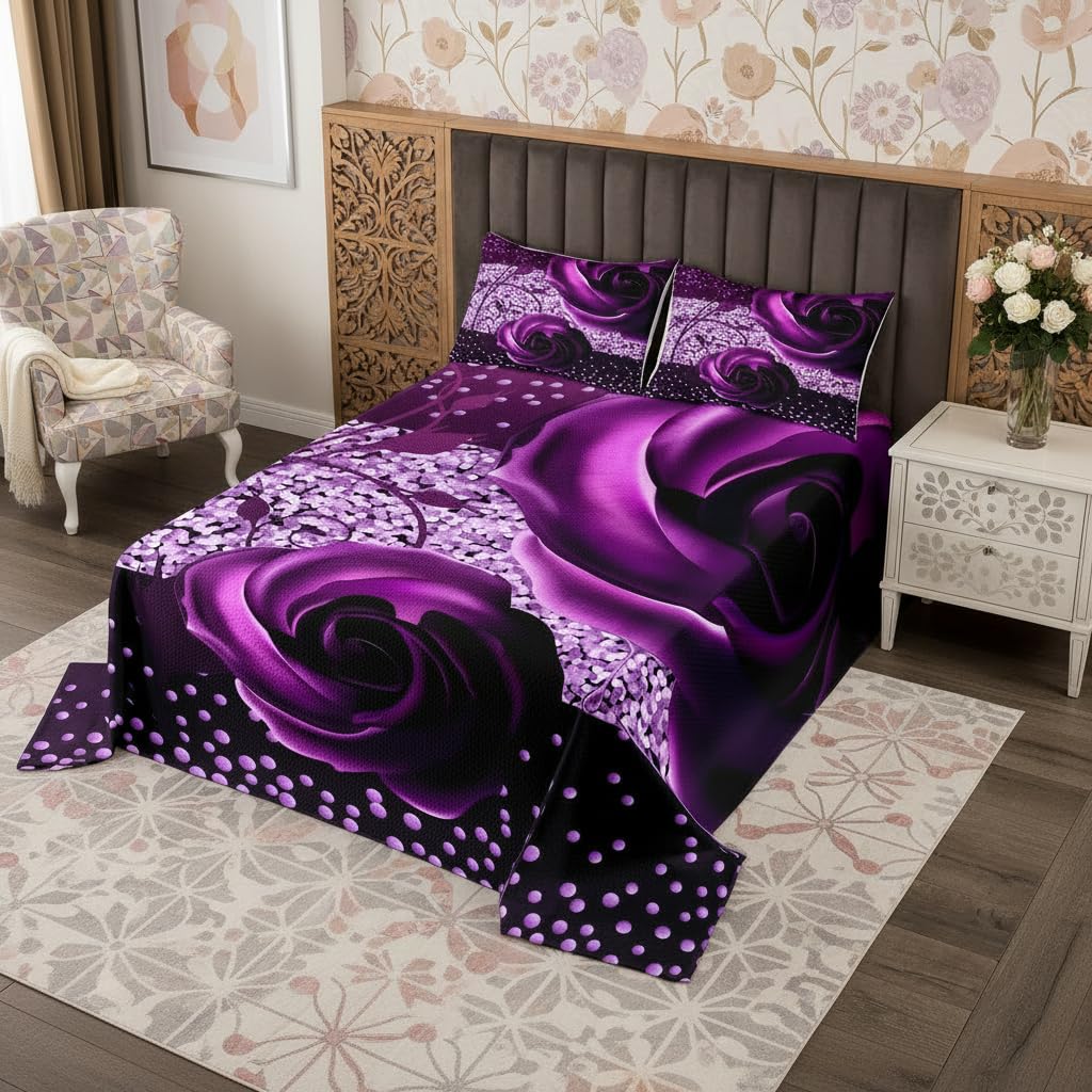feelingyou Rose Flowers Tagesdecke 220x240cm,Lila Romantische Blumen-Tagesdecke mit 2 Kissenbezügen,3-teilig,Glänzendes Pailletten Kristall Polyester Quilted für Jungen Teens Zimmer Geschenk,Weich