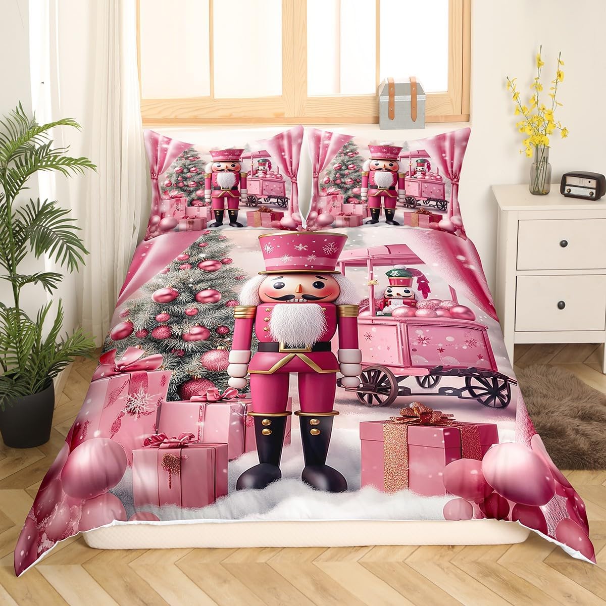 Christmas Nutcracker Duvet Cover Toddler Size Winter Xmas Tree Bedding Set 2pcs Cartoon Soldier Comforter Cover for Kids Bedroom Decor Dreamy Pink Style Quilt Cover,1 Pillowcase(Not Comforter)
