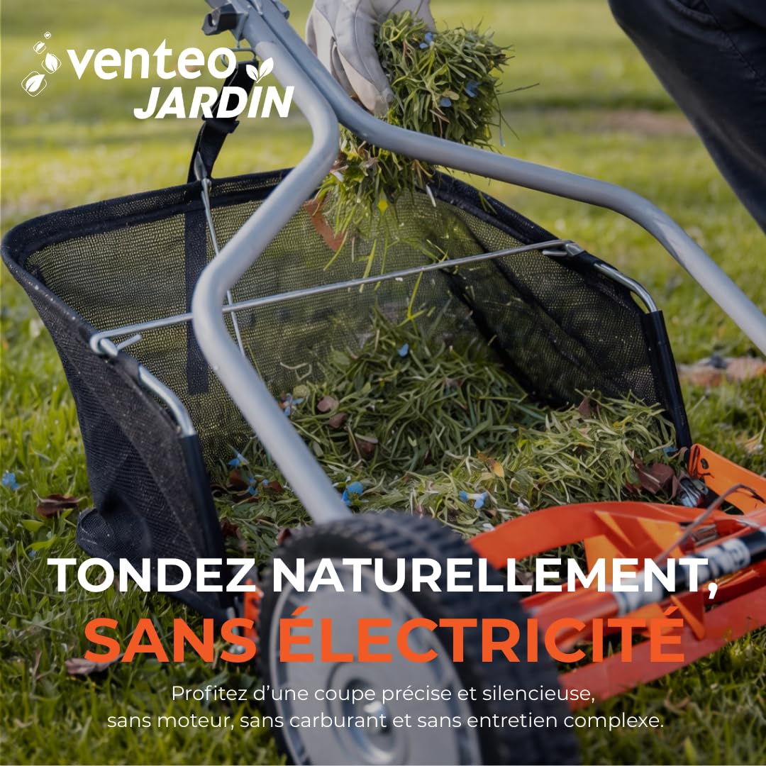 VENTEO - Vassoio di raccolta per tosaerba manuale elicoidale 4 lame VENTEO | Borsa collettore erba maglia rinforzata grande capacità | Installazione rapida e Pickup continuo | Per tosaerba a rullo