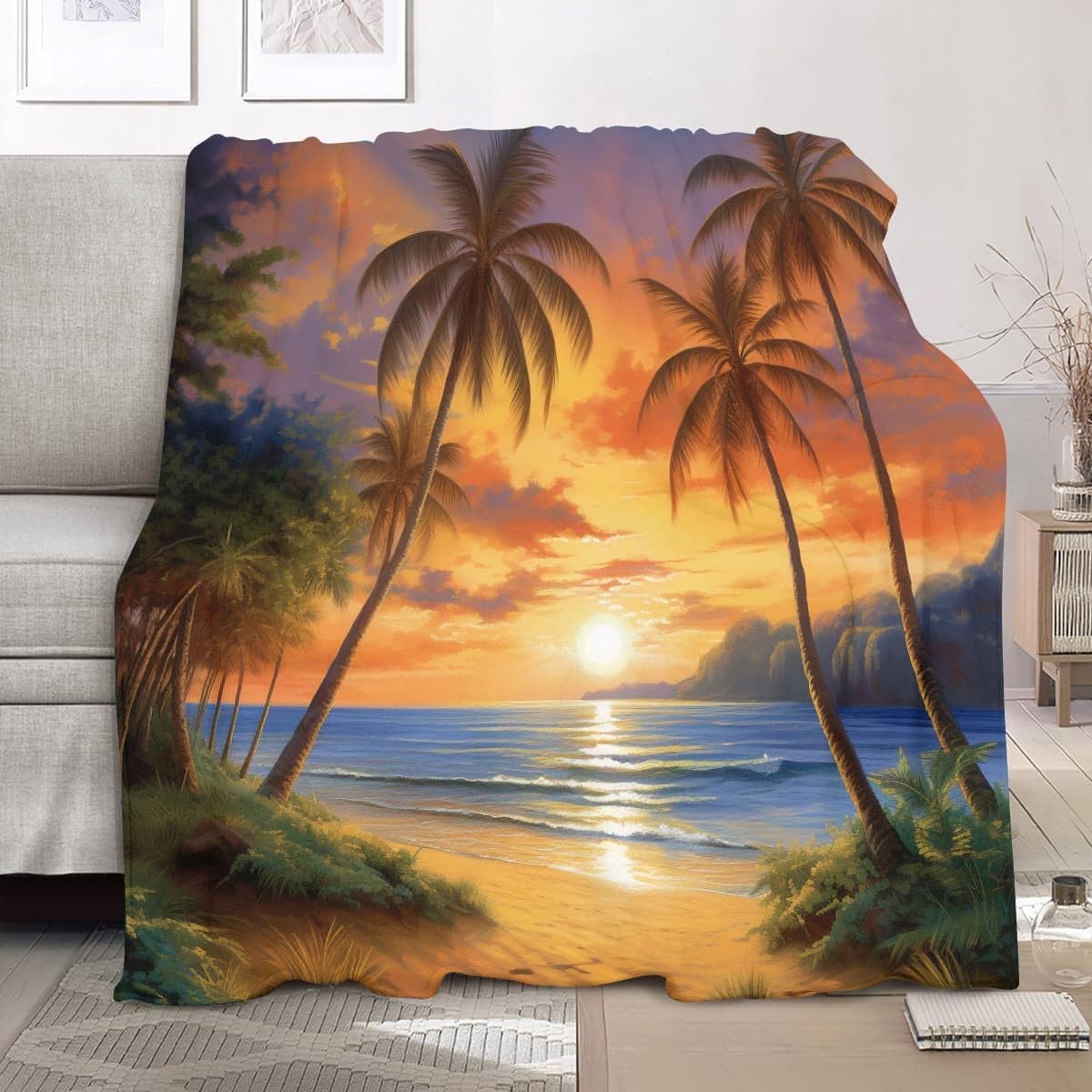Couverture flanelle 180x200cm pour soirées canapé et nuits fraîches motif coucher de soleil