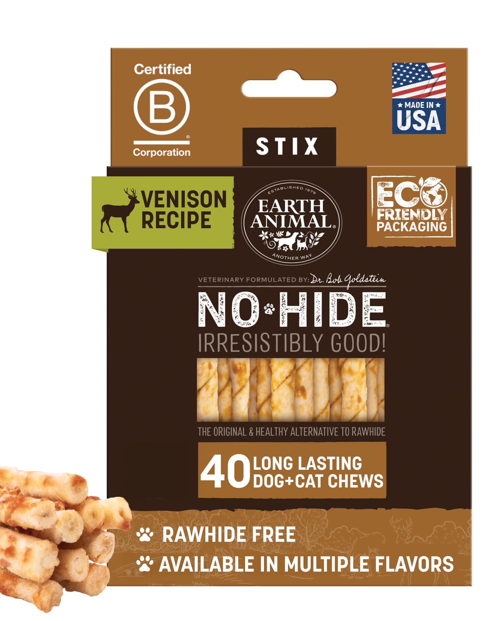 Earth Animal No Hide Stix - Long Lasting Rawhide Free Small Dog Chews Sticks, Venison - 40 Count Extra Value Pack