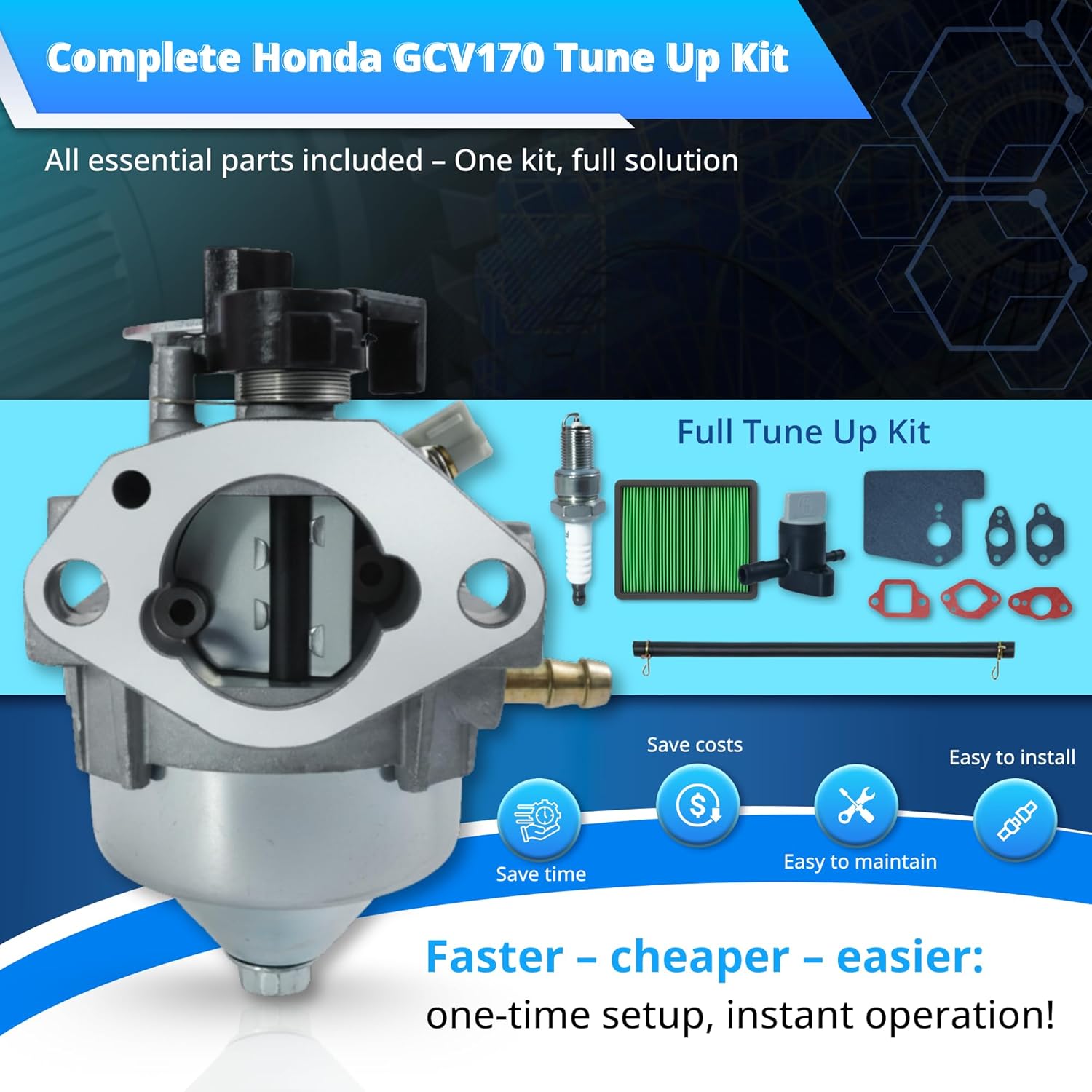 GCV170 Carburetor 16100-Z9L-811 for Honda Lawn Mower HRN216 GCV170LA G5B G5BR S3B Engine, gcv 170 carburetor Replacement Kit with Air Filter, Spark Plug, Fuel Line, Gaskets, Shut Off Valve
