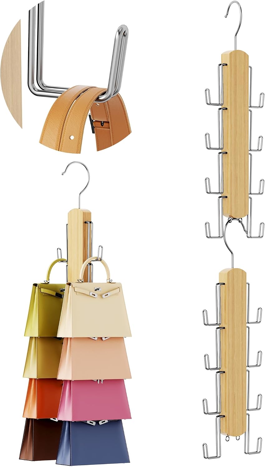 NiHome Purse Organizer for Closet 2 Pack, 8 Wide Hooks Handbag Hanger, Wood