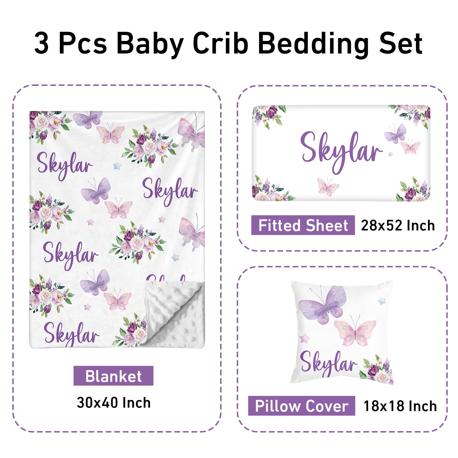 Personalized 3 Piece Baby Crib Bedding Set for Girls, Newborn Baby Toddler Nursery Pink Purple Butterfly Set with Blanket, Fitted Sheet, Pillowcase, Custom Name Gifts for Girls