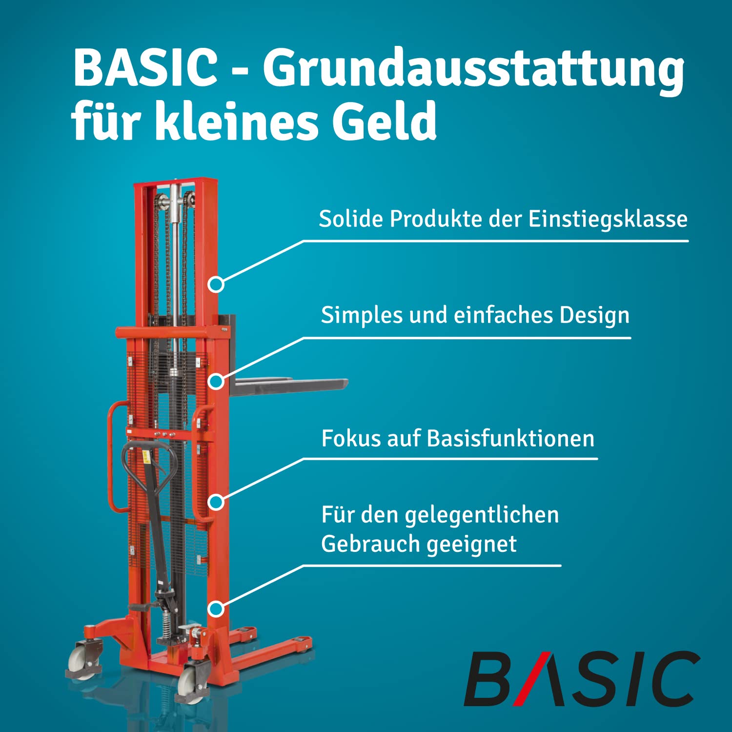 BASIC Hydraulik-Stapler PSM | 1.000 kg Tragkraft | 2.500 mm Hubhöhe | 1.150 mm Gabellänge | Zweifach-Hubgerüst | Hochleistungs-Hydraulikpumpe | Hochhubwagen manuell