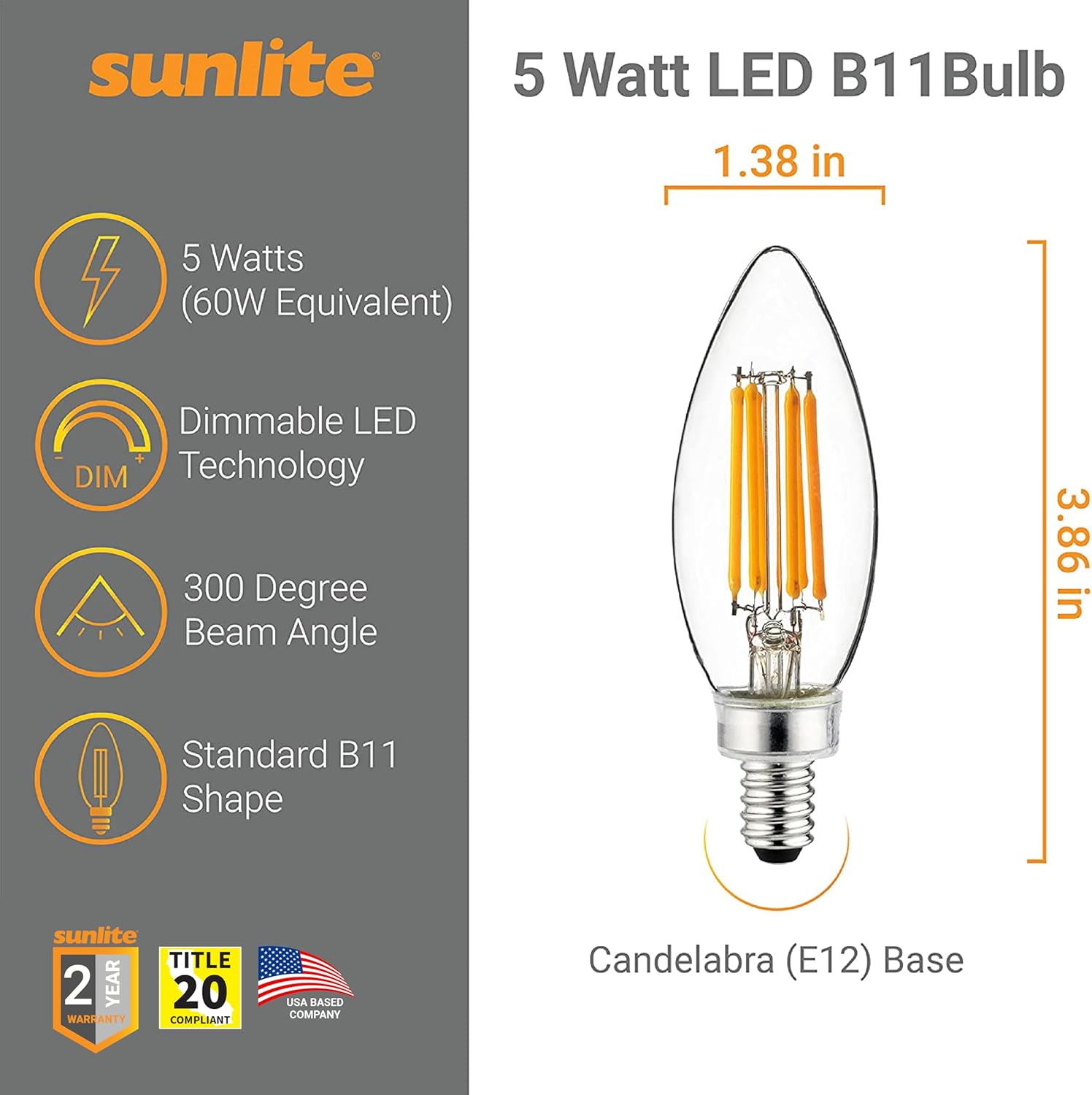 Sunlite LED Filament B11 Torpedo Tip Chandelier Light Bulb, 5 Watts (60 W Equivalent), 600 Lumens, 90CRI, Candelabra E12 Base, Dimmable, UL Listed, Title-20 Compliant, 2700K Soft White, 12 Count
