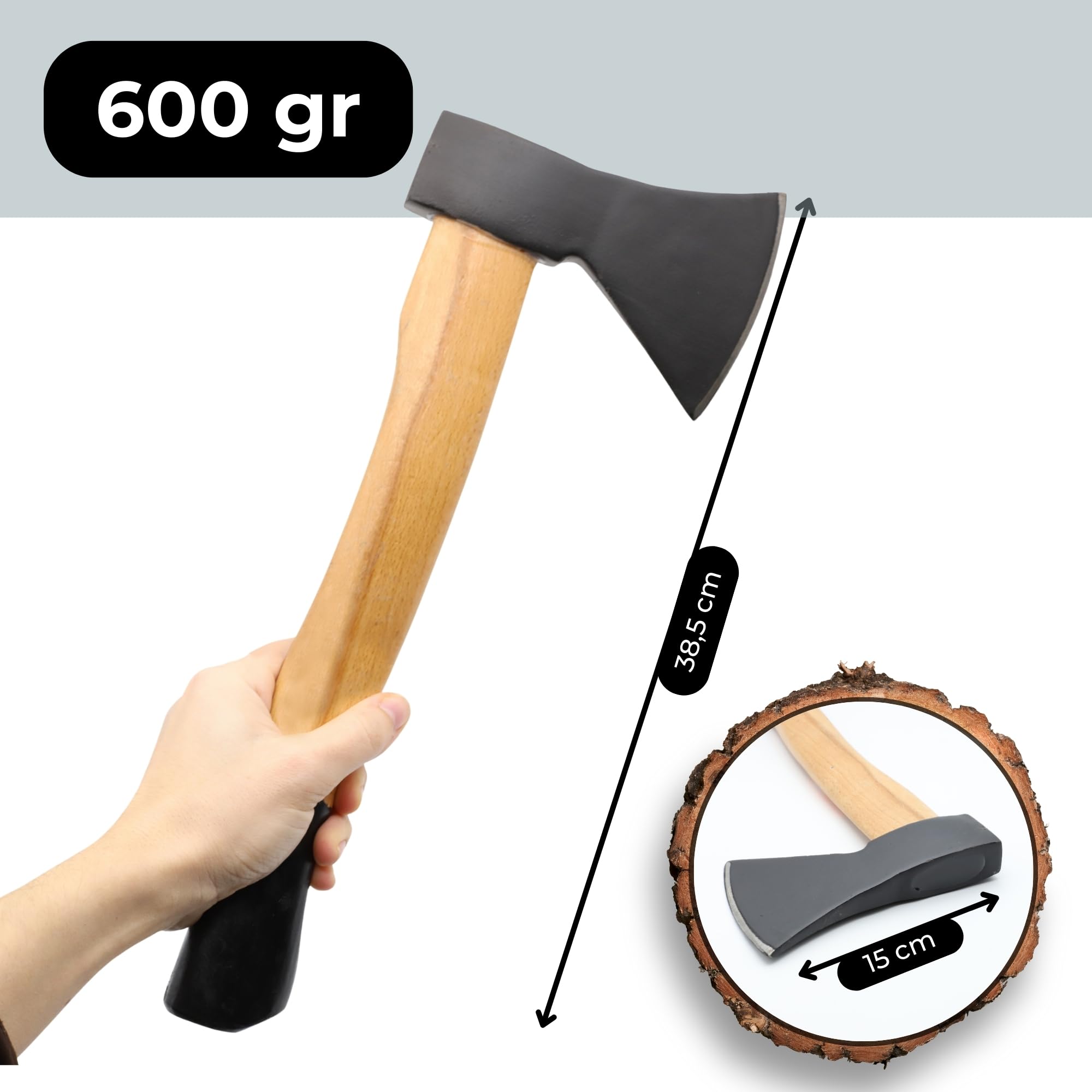 TECHZOCO Hacha Pequeña de 600 g con Mango de Madera, Hacha Vizcaína, Hachas de Tala Universal, Cabeza de Acero al Carbono, Longitud 38,5 cm