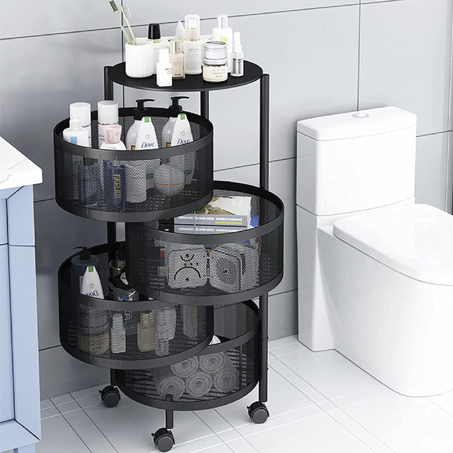 GREATOYAR Carrito de Cocina, Carros de Almacenamiento, Estantería Universal Multifuncional con Ruedas para Cocina, Cocina, baño, habitación Infantil y Oficina, 4 Compartimentos Redondos, Negro
