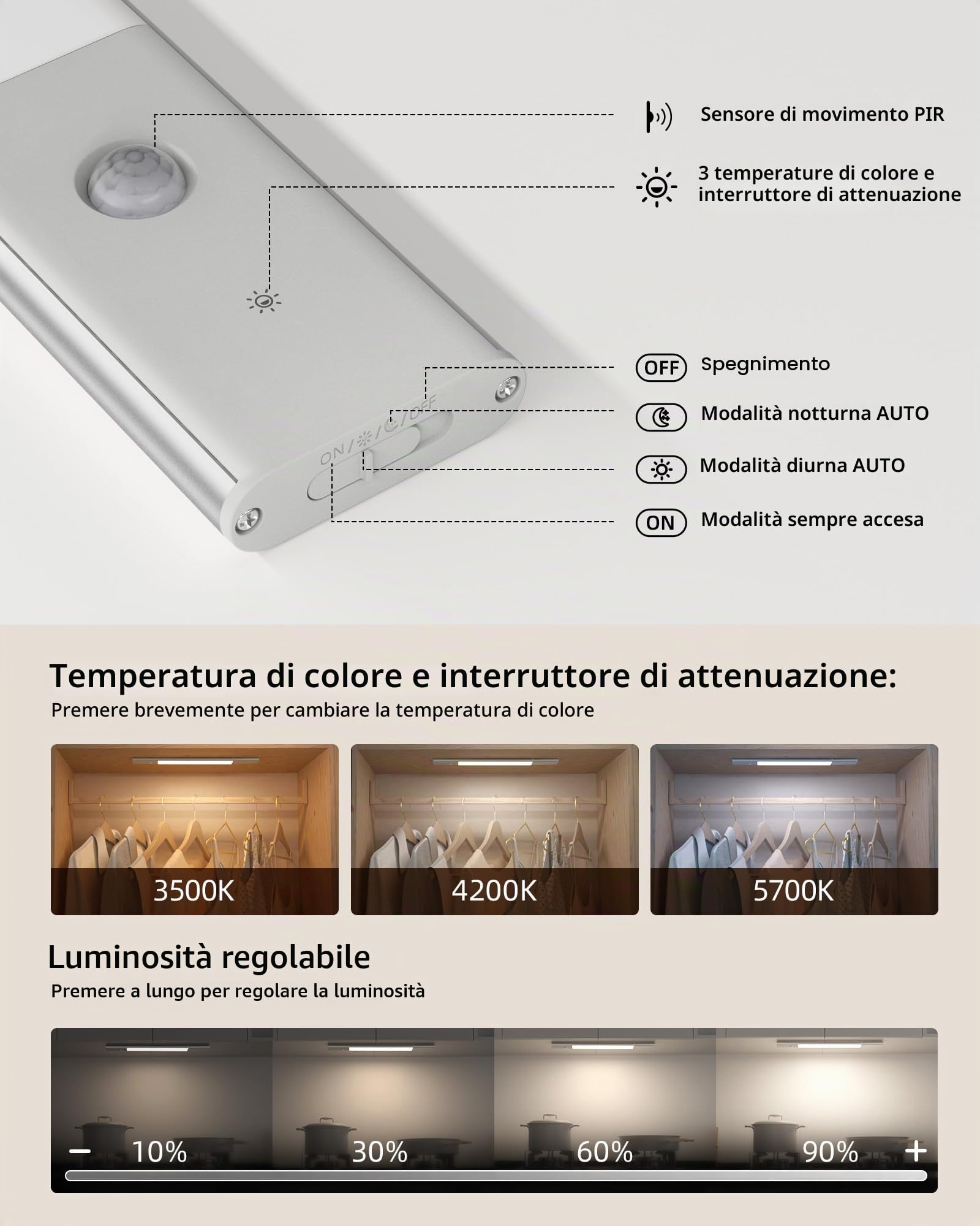 EZVALO 38CM LED Sottopensile Cucina, Batteria Rimovibile da 2200mAh, Luce Armadio Sensore di Movimento, 3 Colori Dimmerabili per Scale, Cucina, Armadi (2 pezzi)