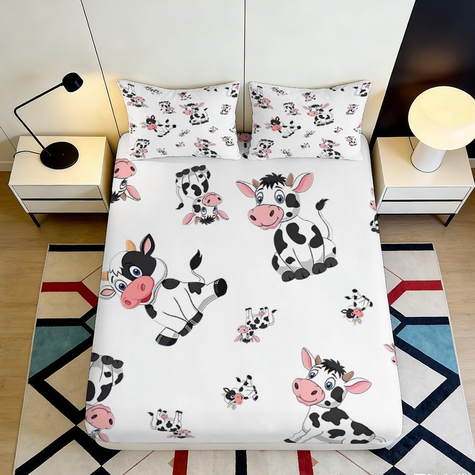 3D Printed Cute Cow Pattern Fitted Sheet Microfiber Soft Breathable Cartoon Cow Bed Cover for Bedroom Dormitory Guest Room Mattress Protection Decor 90x200x25cm