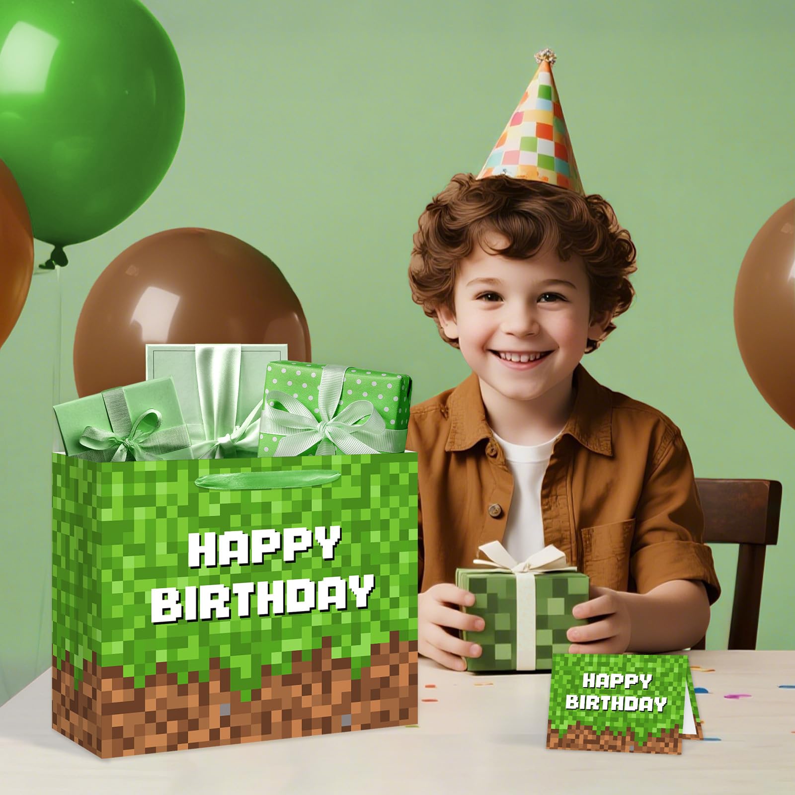 13" Large Green and Brown Pixel Birthday Gift Bag with Tissue Paper and Greeting Card Pixel Miner Theme Party Favor Bags Video Game Party for Boys Girls Kids Teenagers Birthday Decor