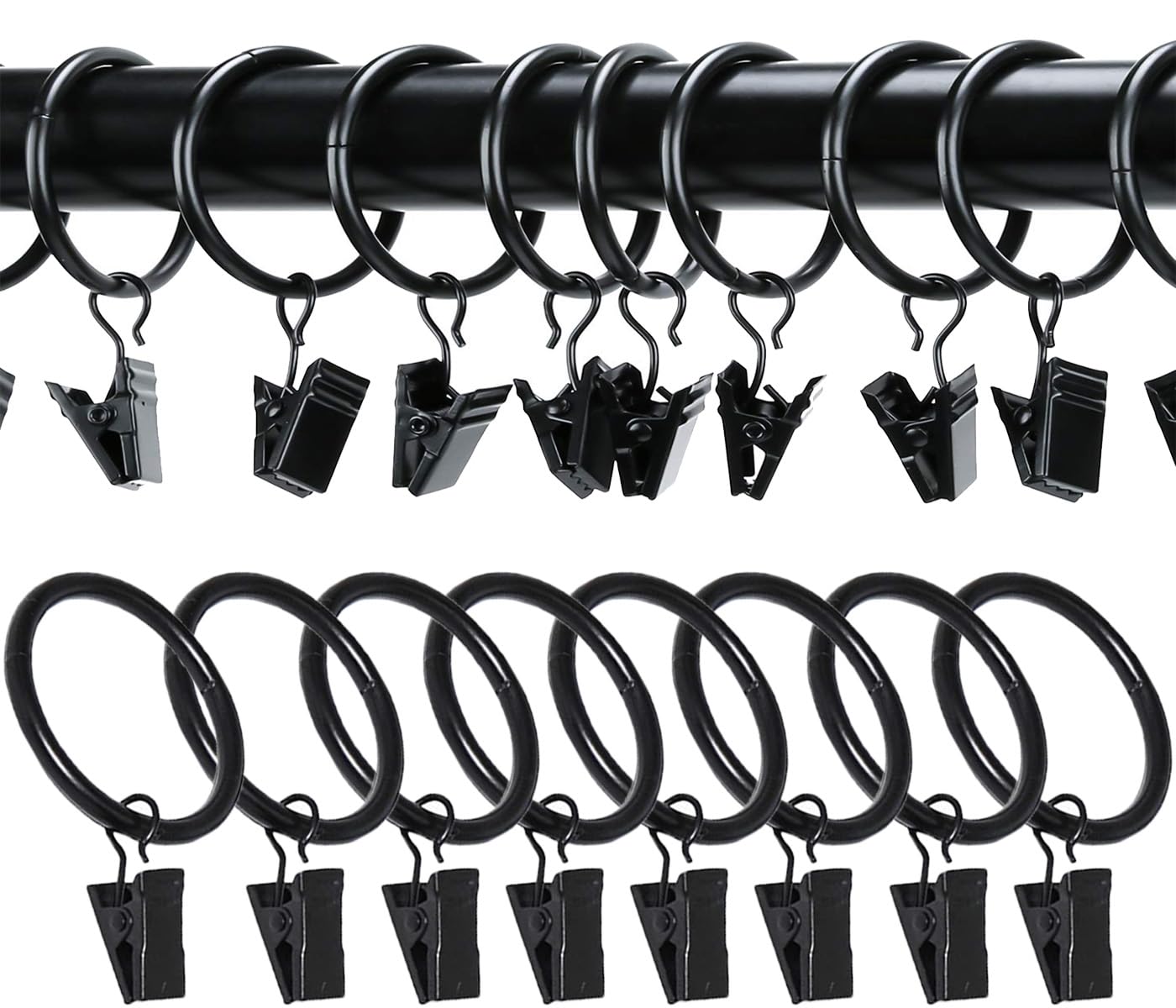 Vorhangringe Mit Clips – 16 Stück, Schwarz, 2,5 Cm Durchmesser, Passend Für Stangen Bis 1,6 Cm, Zum Aufhängen Von Vorhängen & Deko