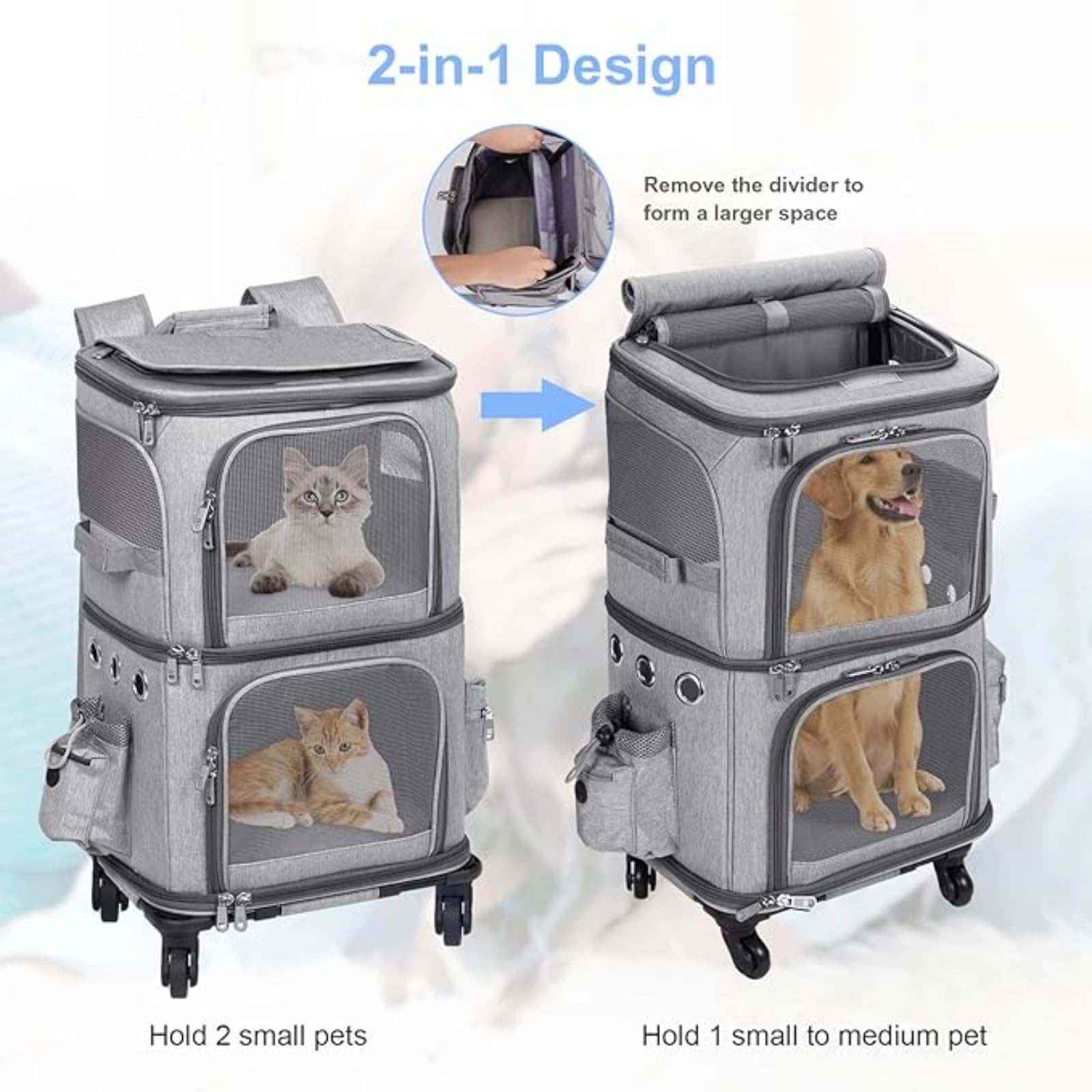 Double-Compartment Pet Carrier Backpack, Cat Travel Carrier for 2 Cats, Pet Trolley Bag, Portable Pet Travel Carrier, 2-in-1 Detachable Double Compartment Cat Carrier with Wheels for Small Cats