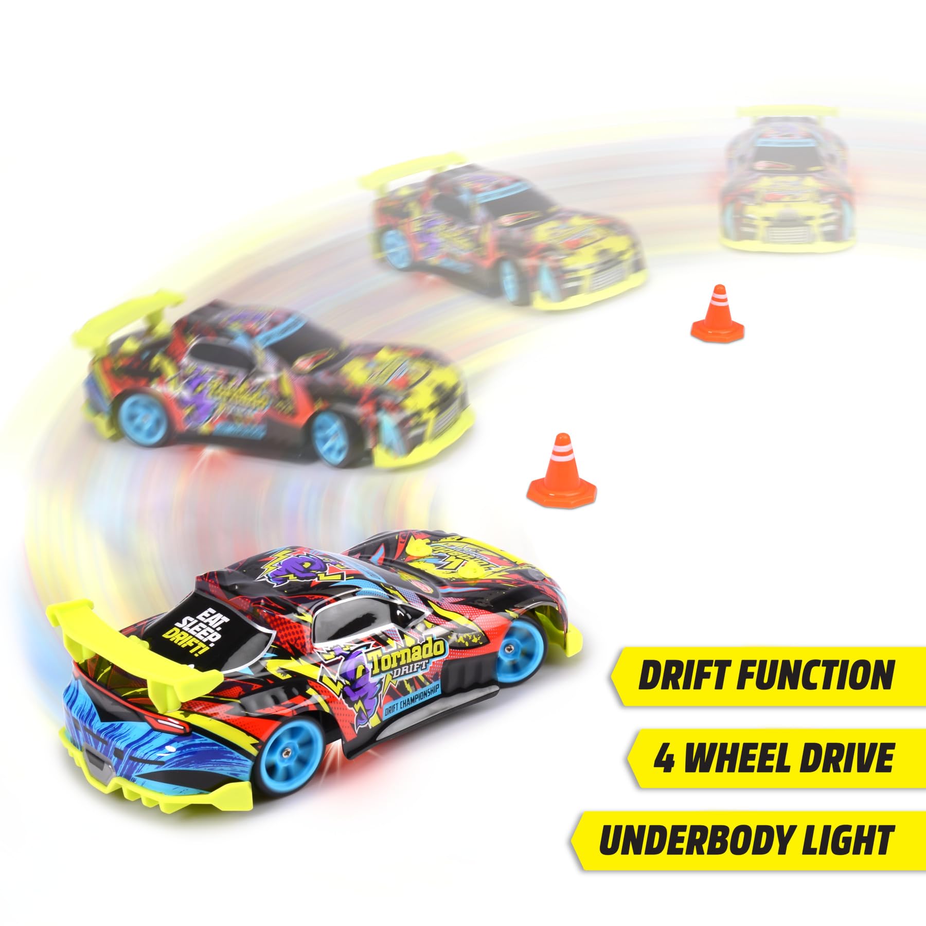 Dickie Toys - RC Auto Tornado Drift – zdalnie sterowany samochód od 6 lat z oświetleniem podłogi, pilot zdalnego sterowania 2,4 GHz, akcesoria i baterie, 10 km/h, 4WD