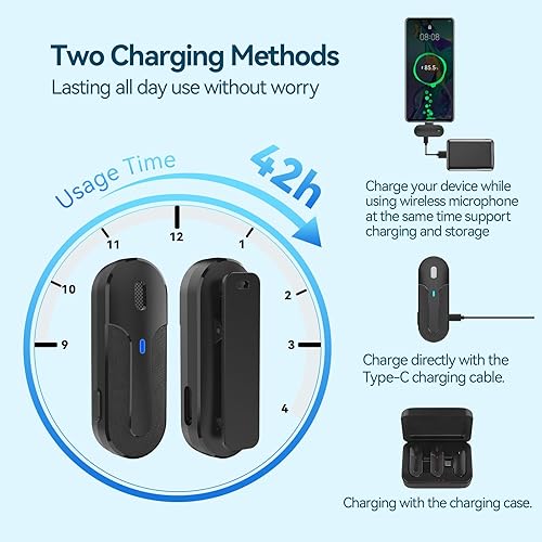 Miniatura 5 de 2 micrófonos de solapa inalámbricos para iPhone, iPad, teléfono Android, mini micrófono de solapa con funda de carga de 600 mAh, reducción de ruido,