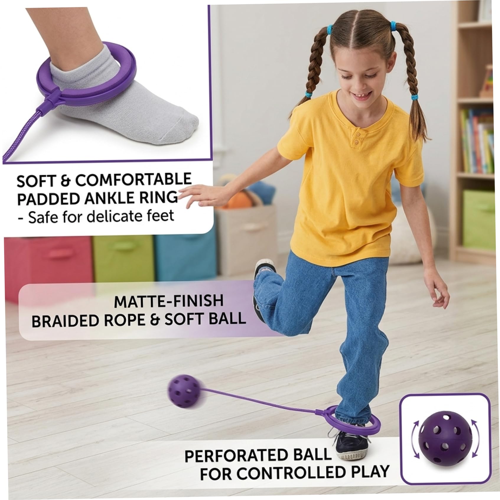 Balle à Sauter Violet Doux avec Anneau en Corde givrée pour Enfants – Jouet de Fitness perforé