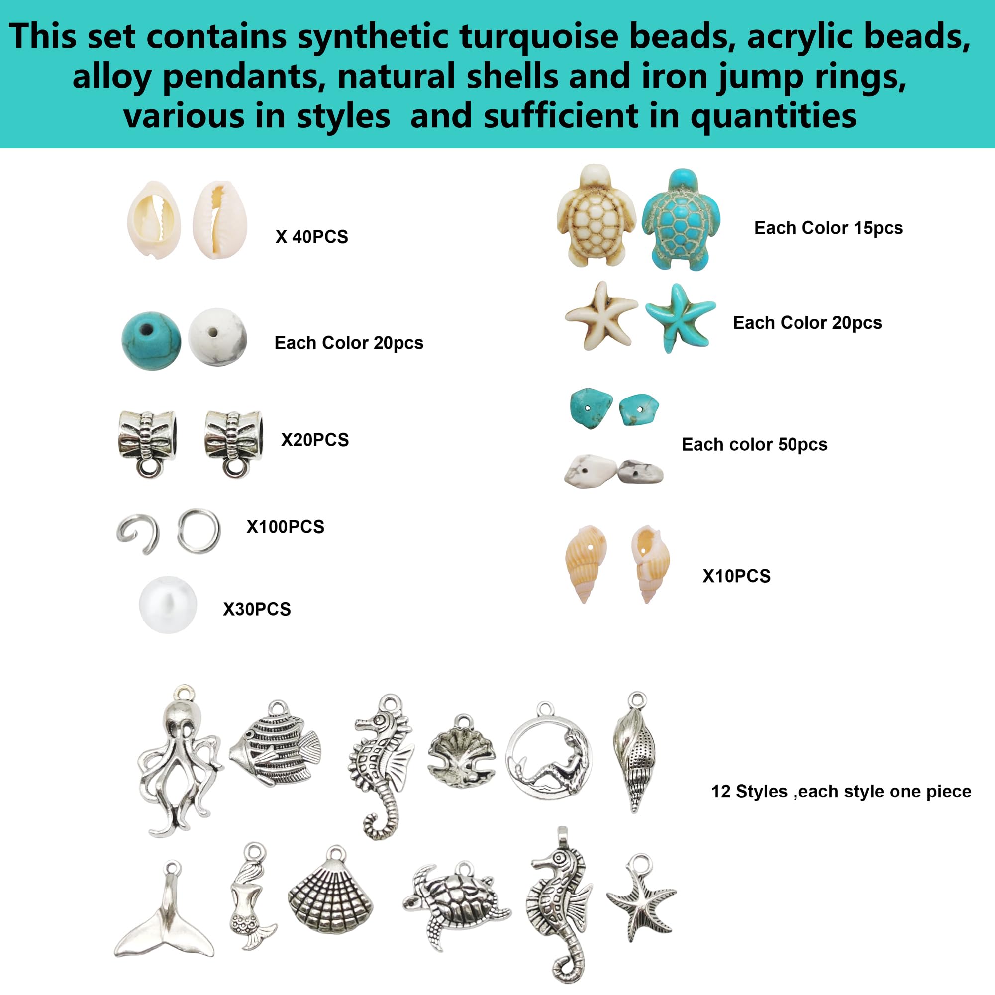 422 colgantes de aleación de plata antigua, conchas marinas, cuentas de turquesa hechas por el hombre, estrellas de mar, tortuga, océano, dijes para hacer joyas, collar de cuentas de playa 3